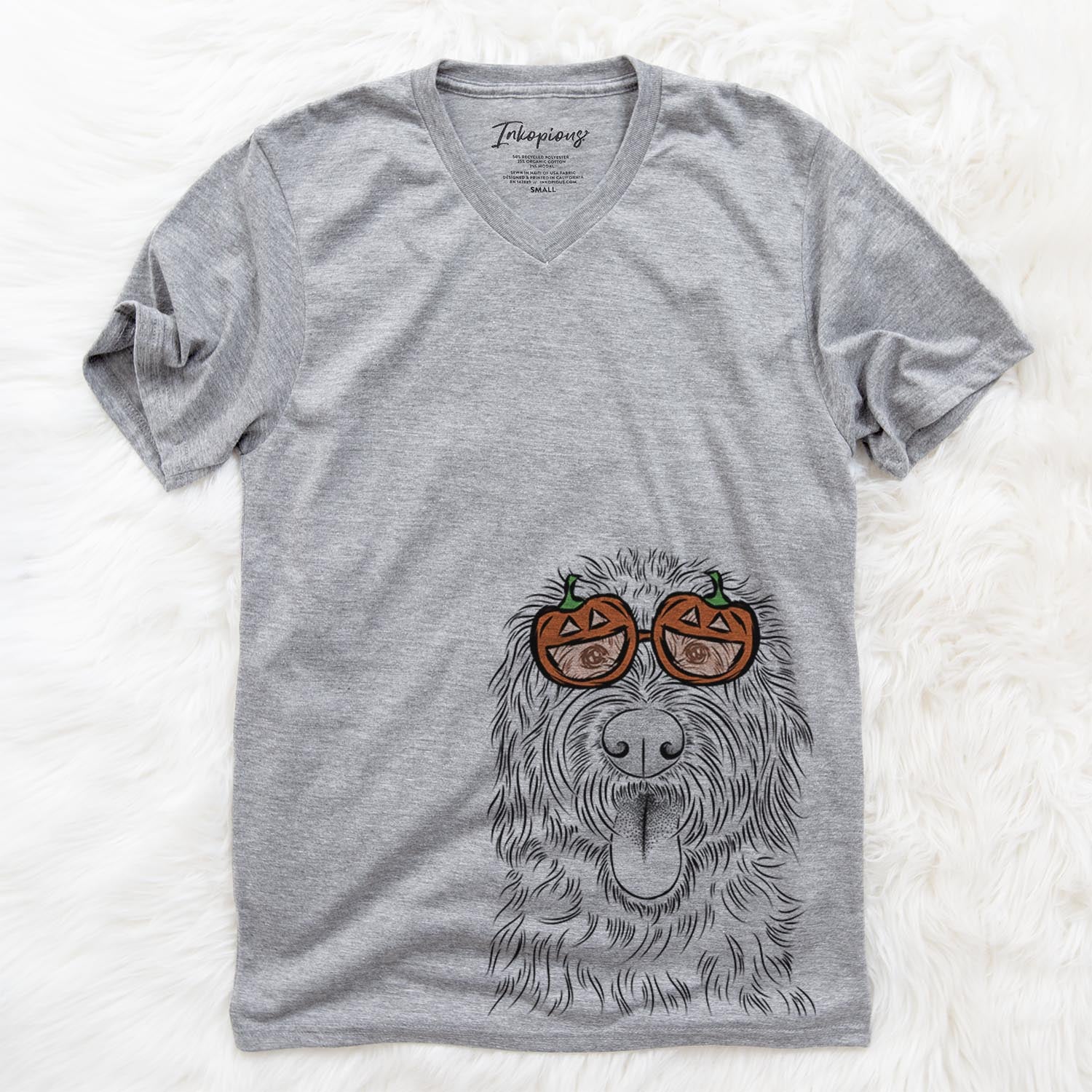 Hand-drawn sketch of Bennett the Doodle wearing pumpkin glasses on a Grey pumpkin collection