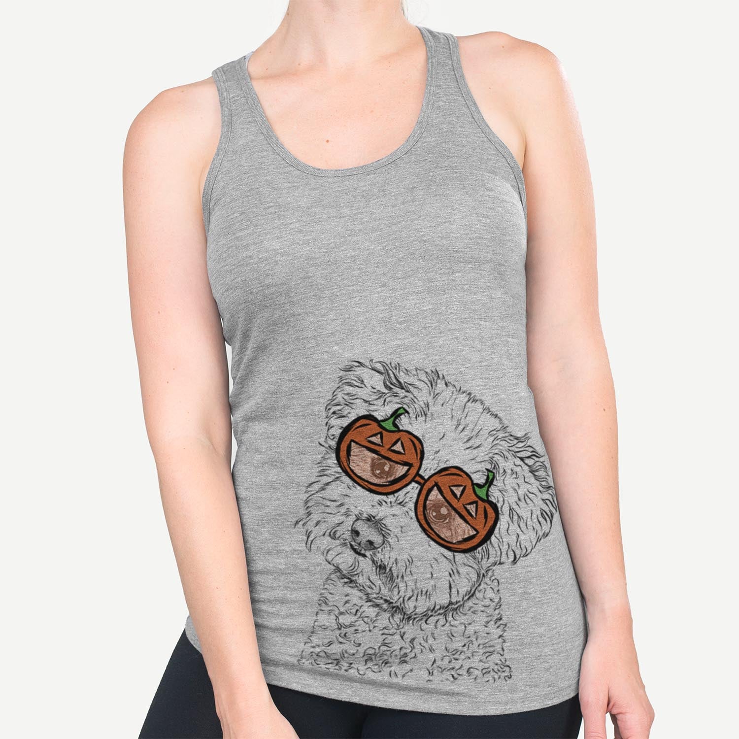 Hand-drawn sketch of Bento the Bolognese wearing pumpkin glasses on a Grey pumpkin collection