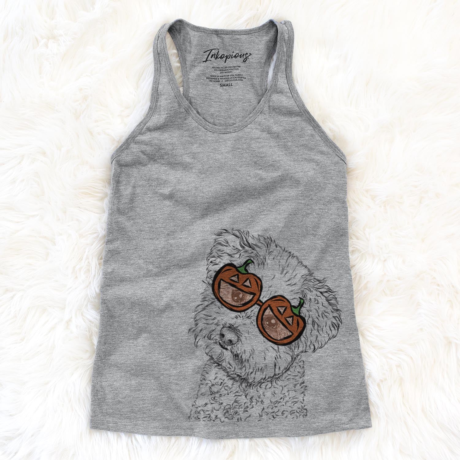 Hand-drawn sketch of Bento the Bolognese wearing pumpkin glasses on a Grey pumpkin collection