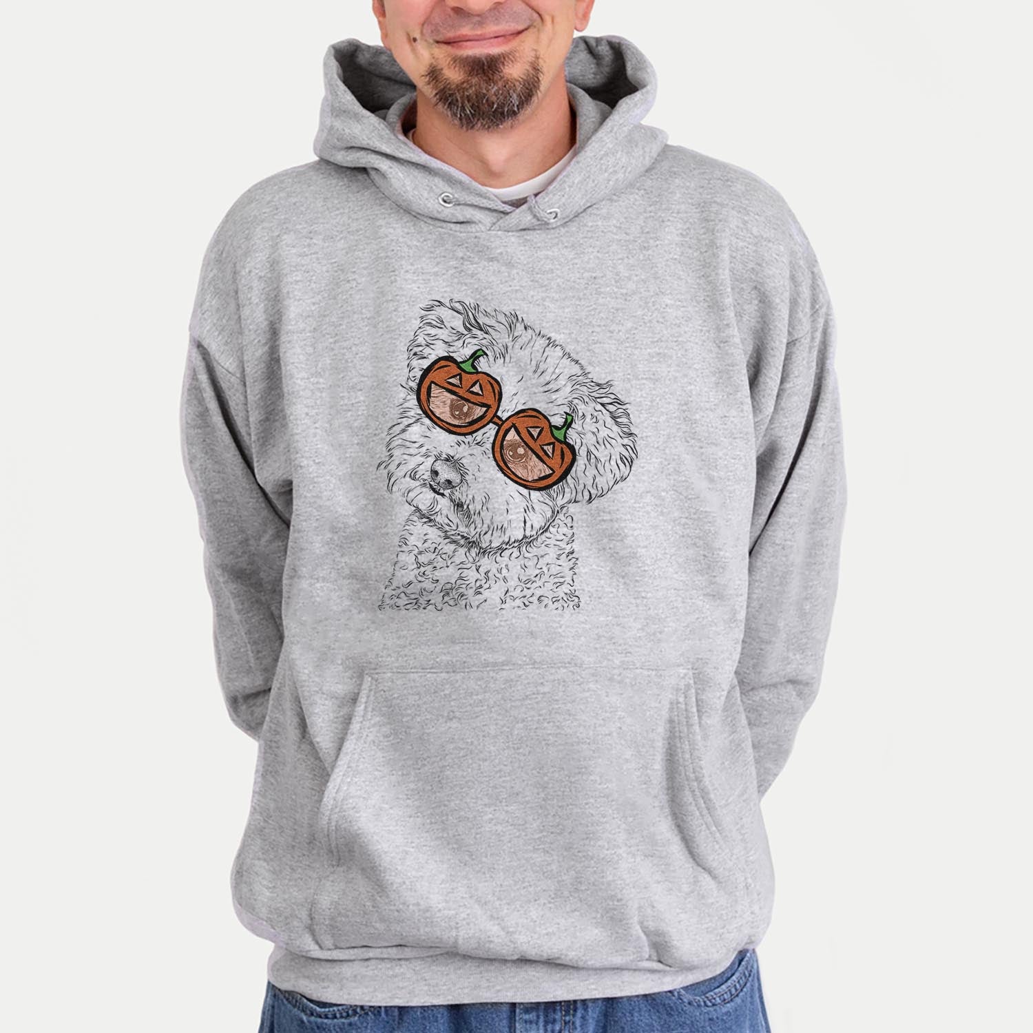 Hand-drawn sketch of Bento the Bolognese wearing pumpkin glasses on a Grey pumpkin collection, hanging on a wall