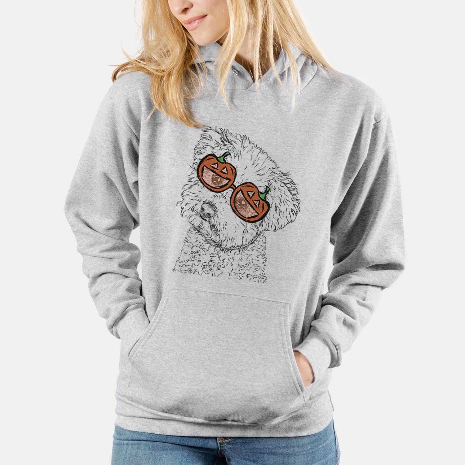 Hand-drawn sketch of Bento the Bolognese wearing pumpkin glasses on a Grey pumpkin collection
