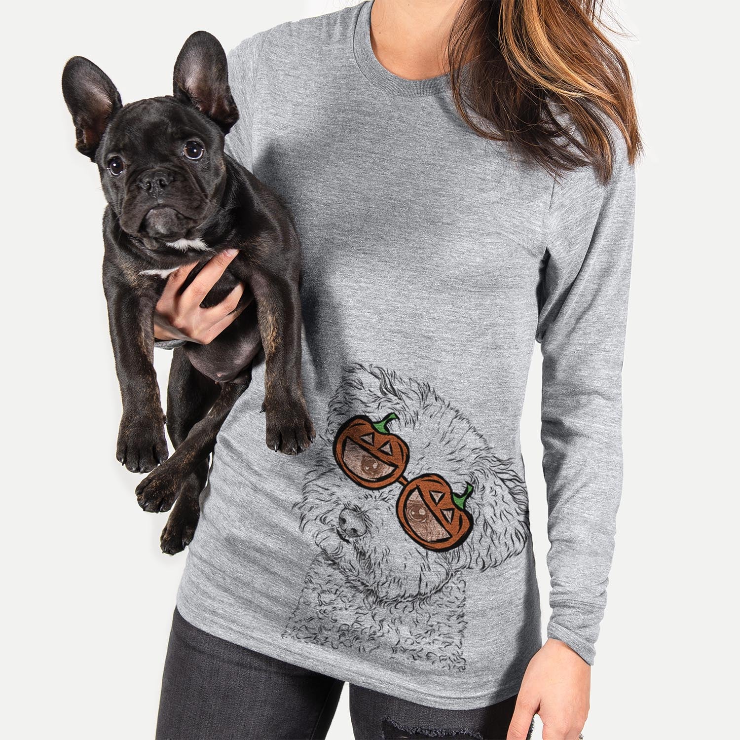 Hand-drawn sketch of Bento the Bolognese wearing pumpkin glasses on a Grey pumpkin collection