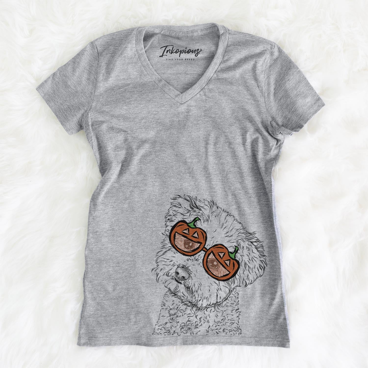Hand-drawn sketch of Bento the Bolognese wearing pumpkin glasses on a Grey pumpkin collection, on a hanger