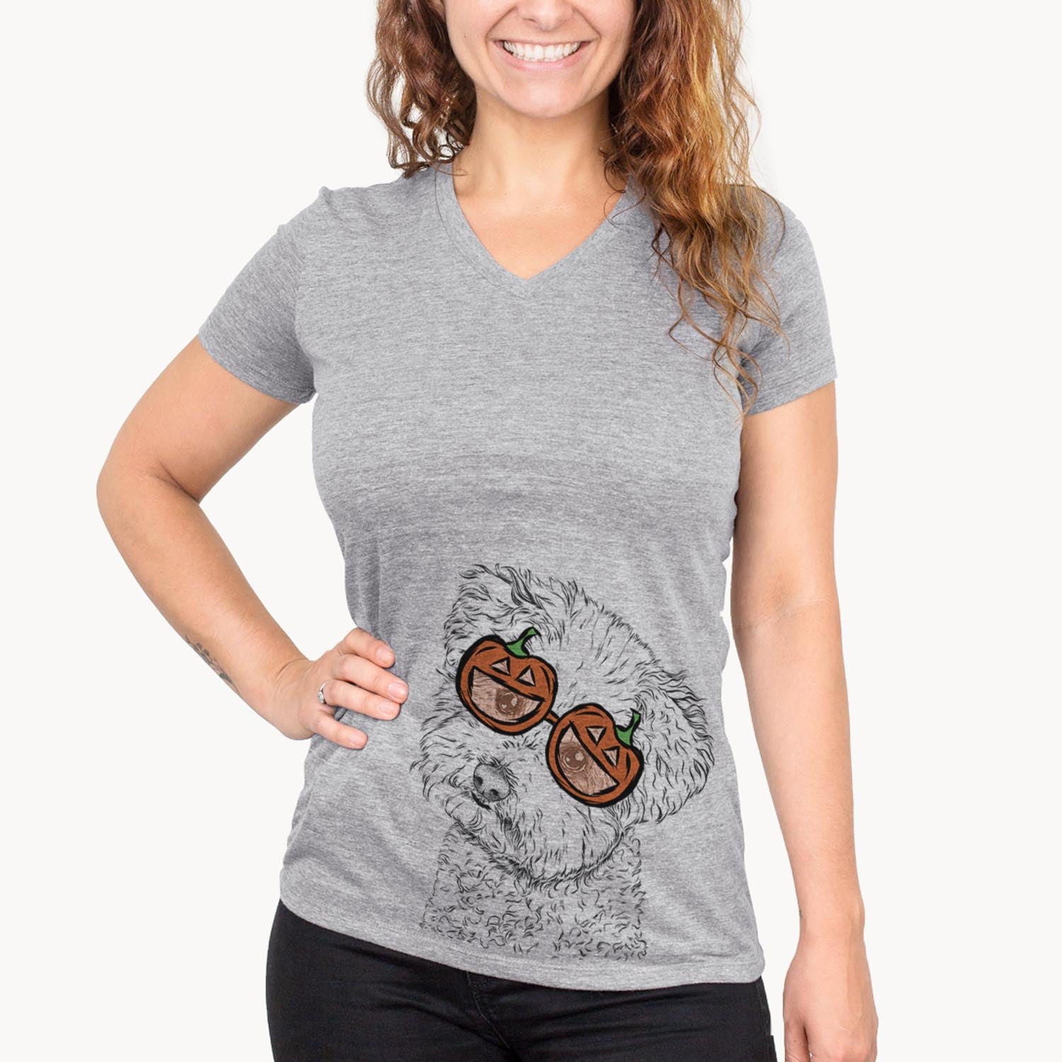 Hand-drawn sketch of Bento the Bolognese wearing pumpkin glasses on a Grey pumpkin collection
