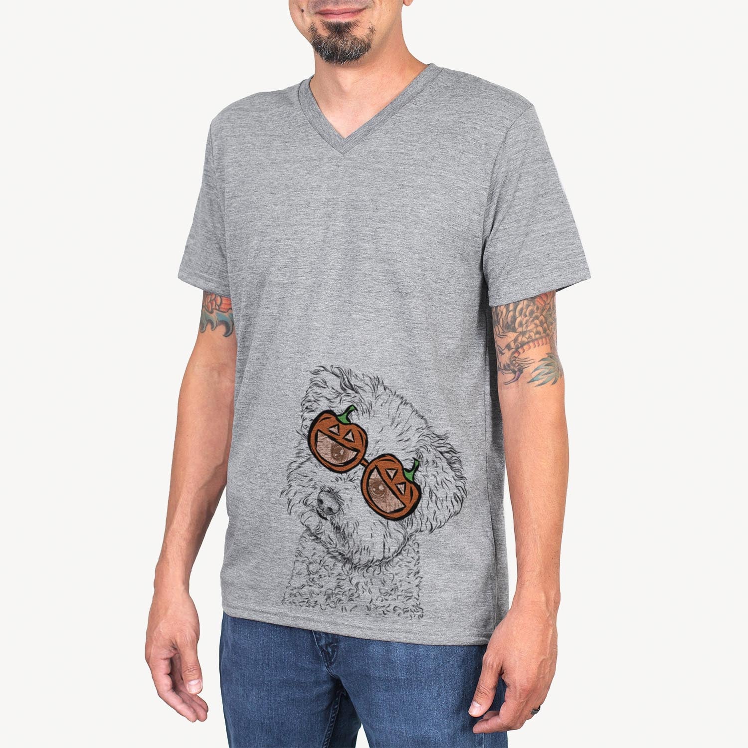 Hand-drawn sketch of Bento the Bolognese wearing pumpkin glasses on a Grey pumpkin collection