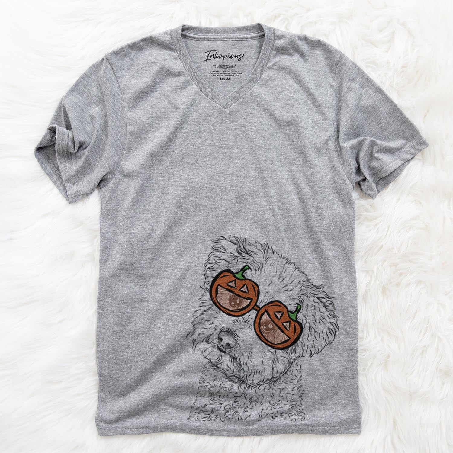 Hand-drawn sketch of Bento the Bolognese wearing pumpkin glasses on a Grey pumpkin collection