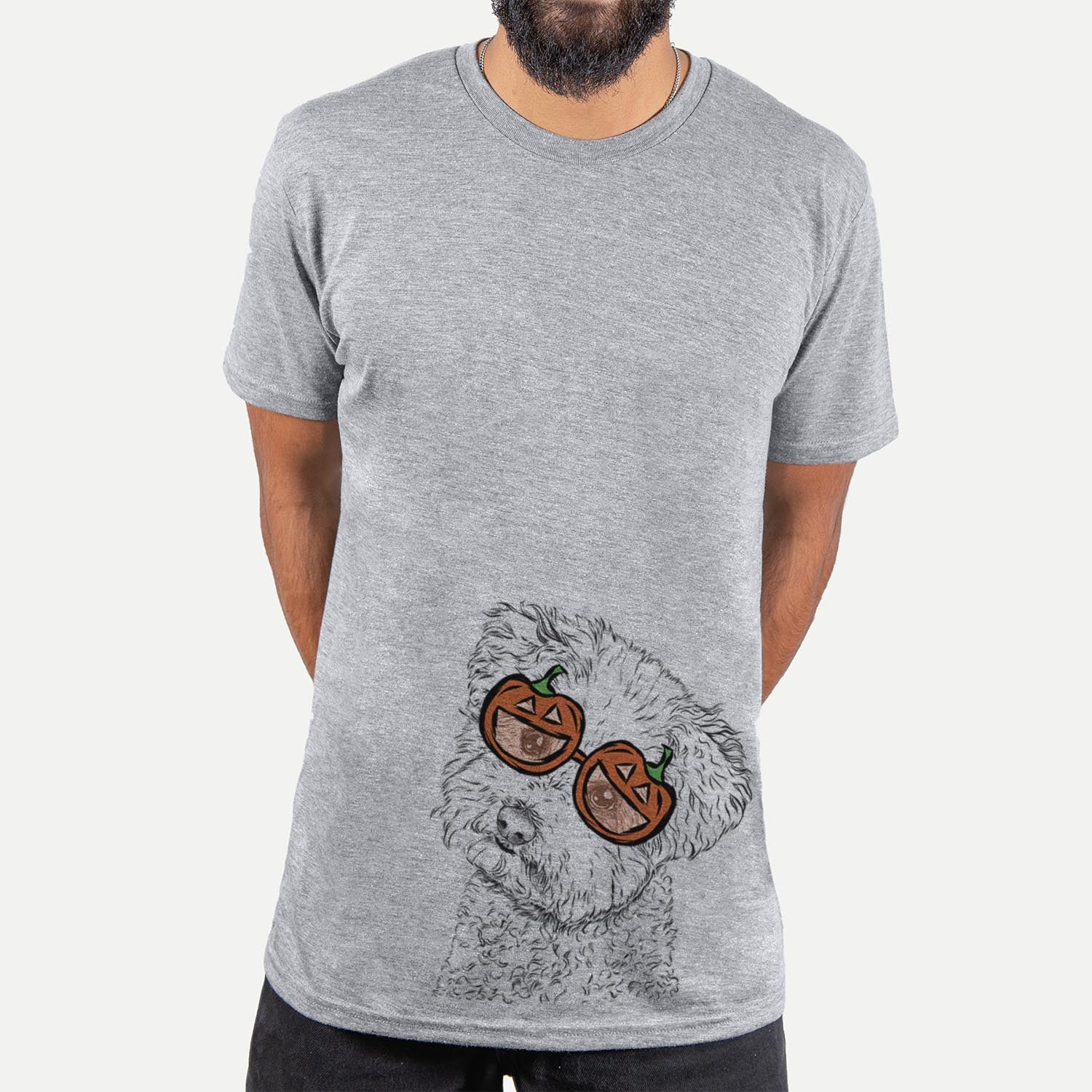Hand-drawn sketch of Bento the Bolognese wearing pumpkin glasses on a Grey pumpkin collection, hanging on a wall