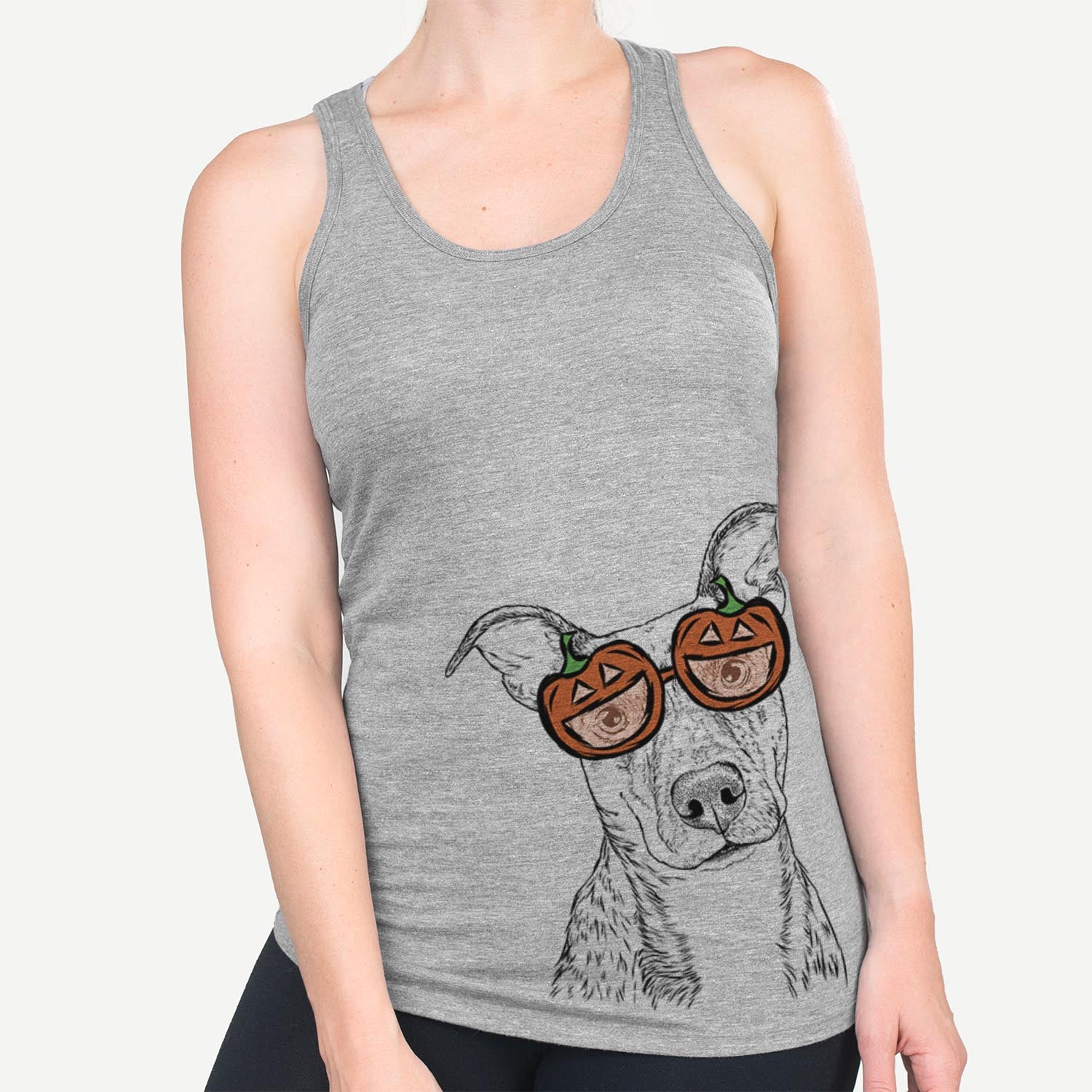 Hand-drawn sketch of Bianca the Mixed Breed wearing pumpkin glasses on a Grey pumpkin collection