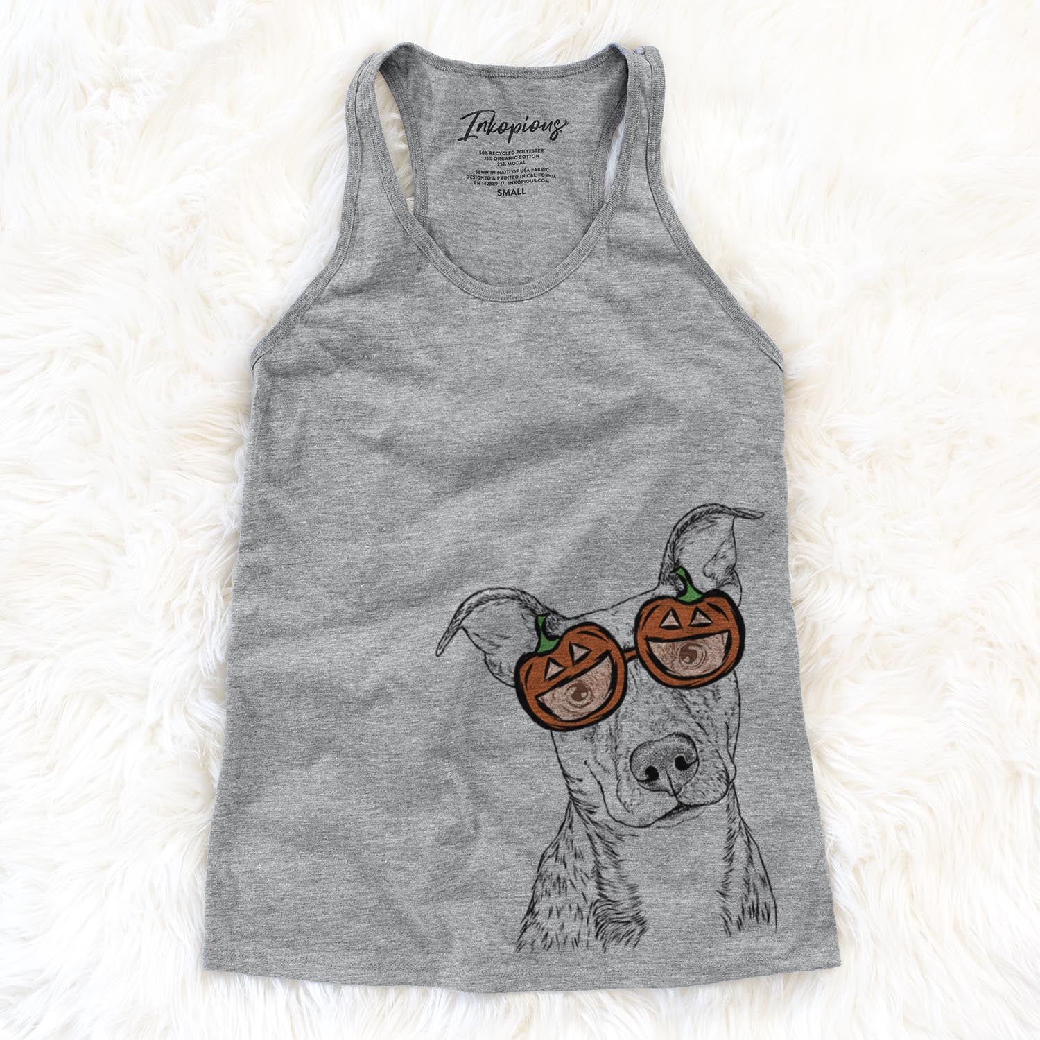 Hand-drawn sketch of Bianca the Mixed Breed wearing pumpkin glasses on a Grey pumpkin collection