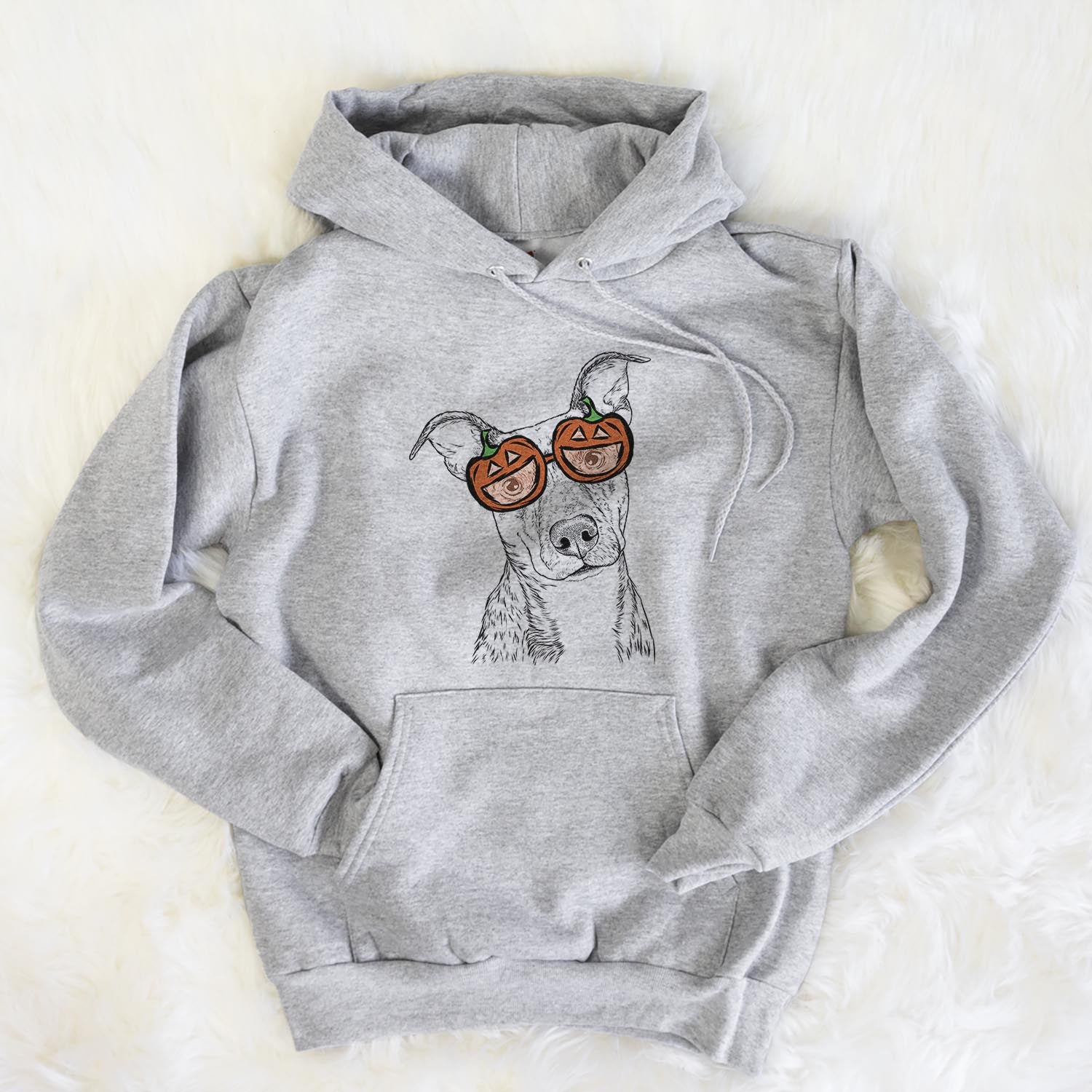 Hand-drawn sketch of Bianca the Mixed Breed wearing pumpkin glasses on a Grey pumpkin collection, flat lay