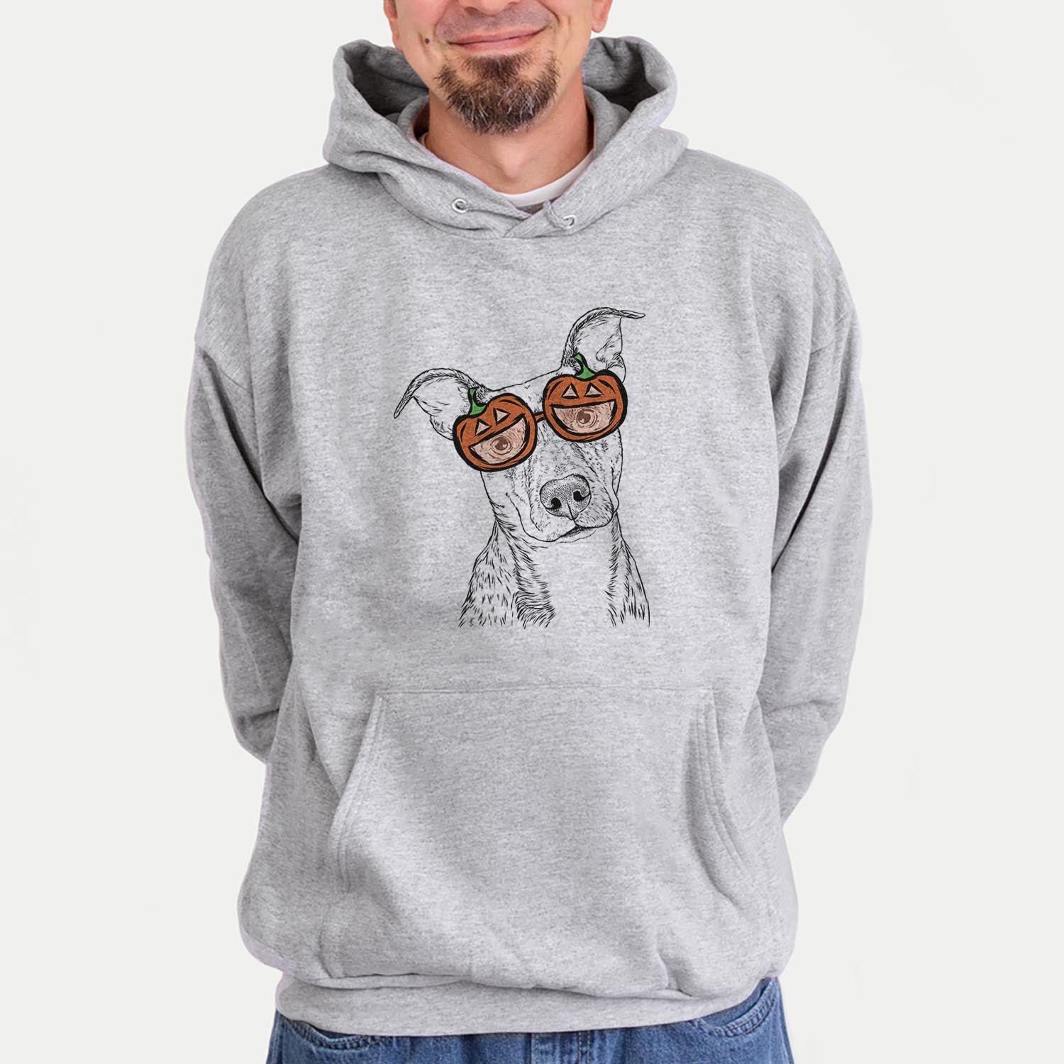 Hand-drawn sketch of Bianca the Mixed Breed wearing pumpkin glasses on a Grey pumpkin collection, hanging on a wall