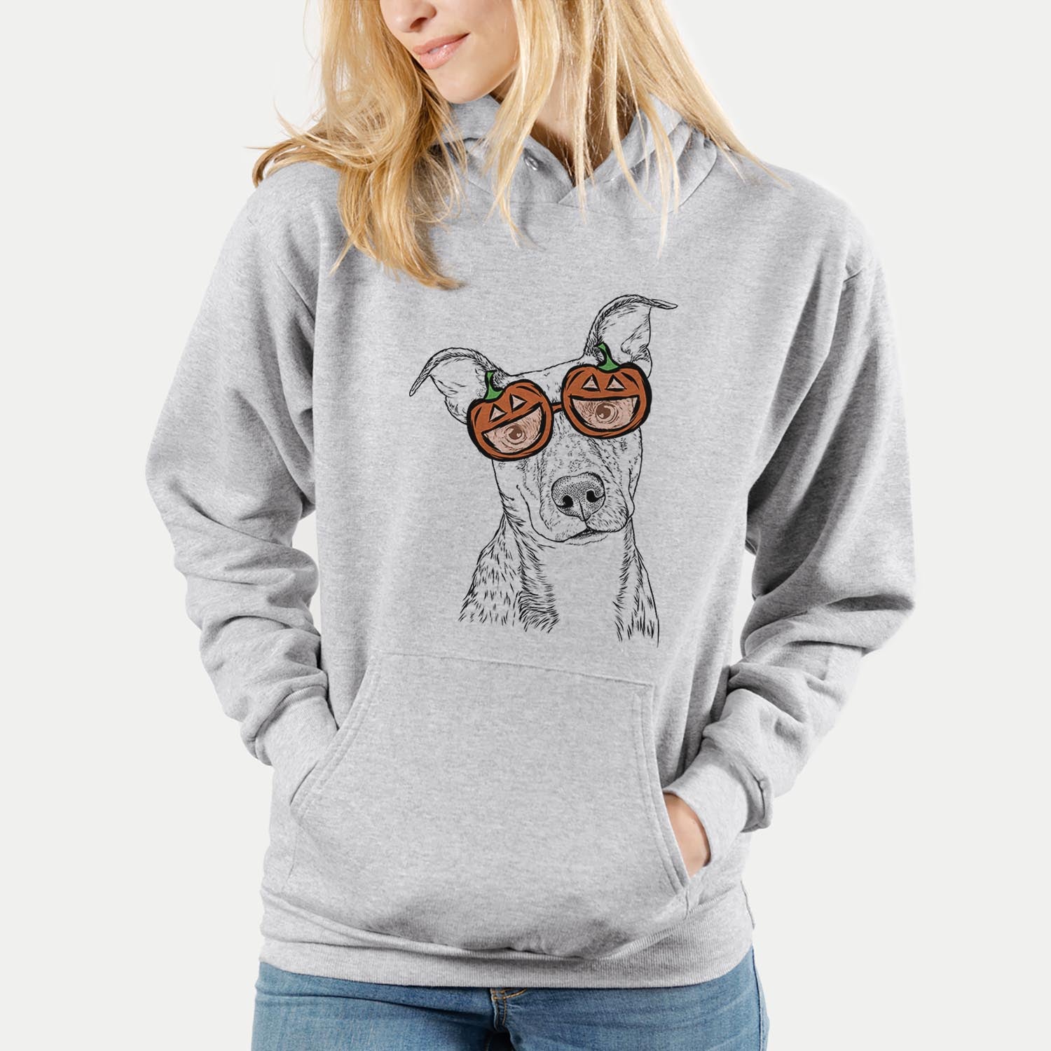 Hand-drawn sketch of Bianca the Mixed Breed wearing pumpkin glasses on a Grey pumpkin collection