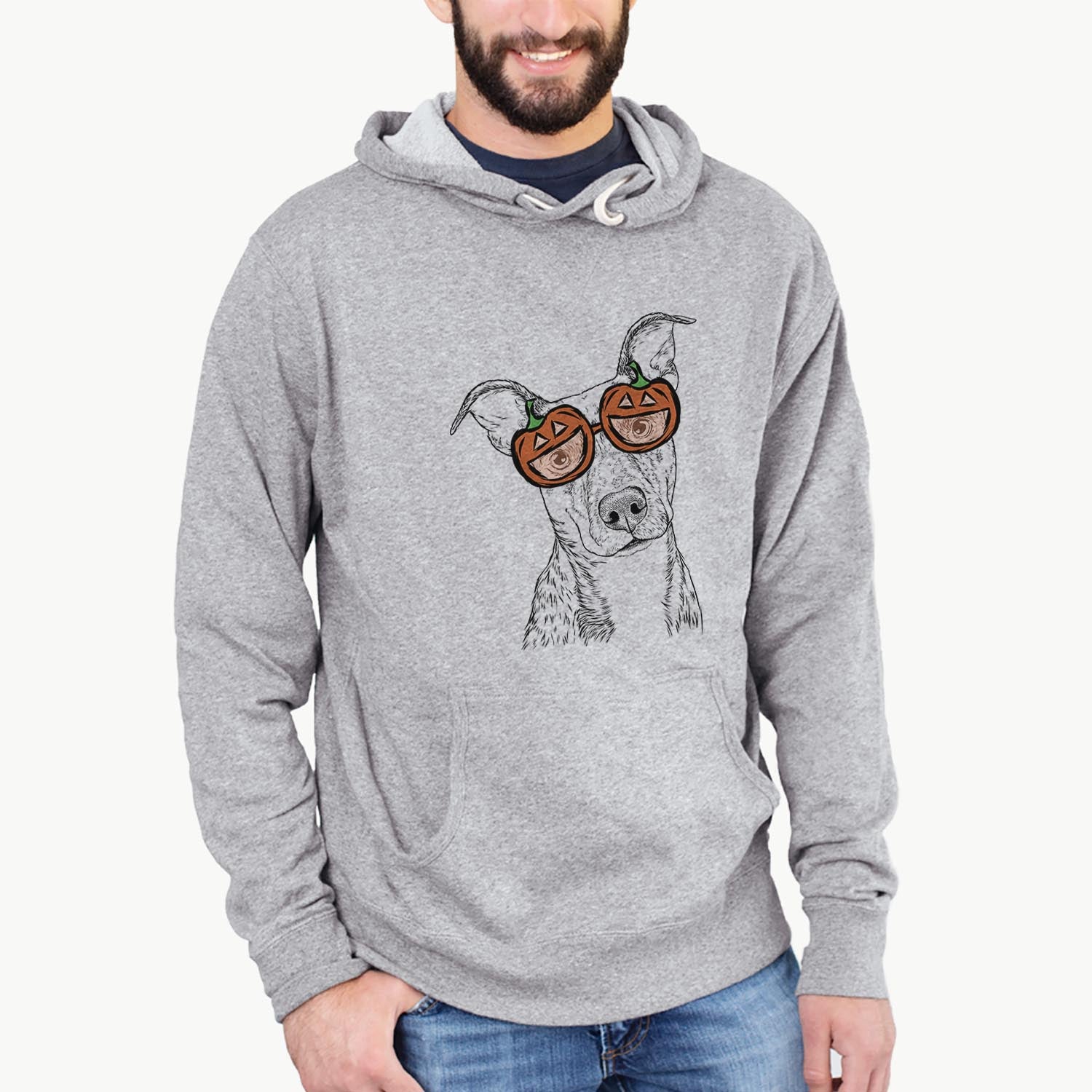 Hand-drawn sketch of Bianca the Mixed Breed wearing pumpkin glasses on a Grey pumpkin collection