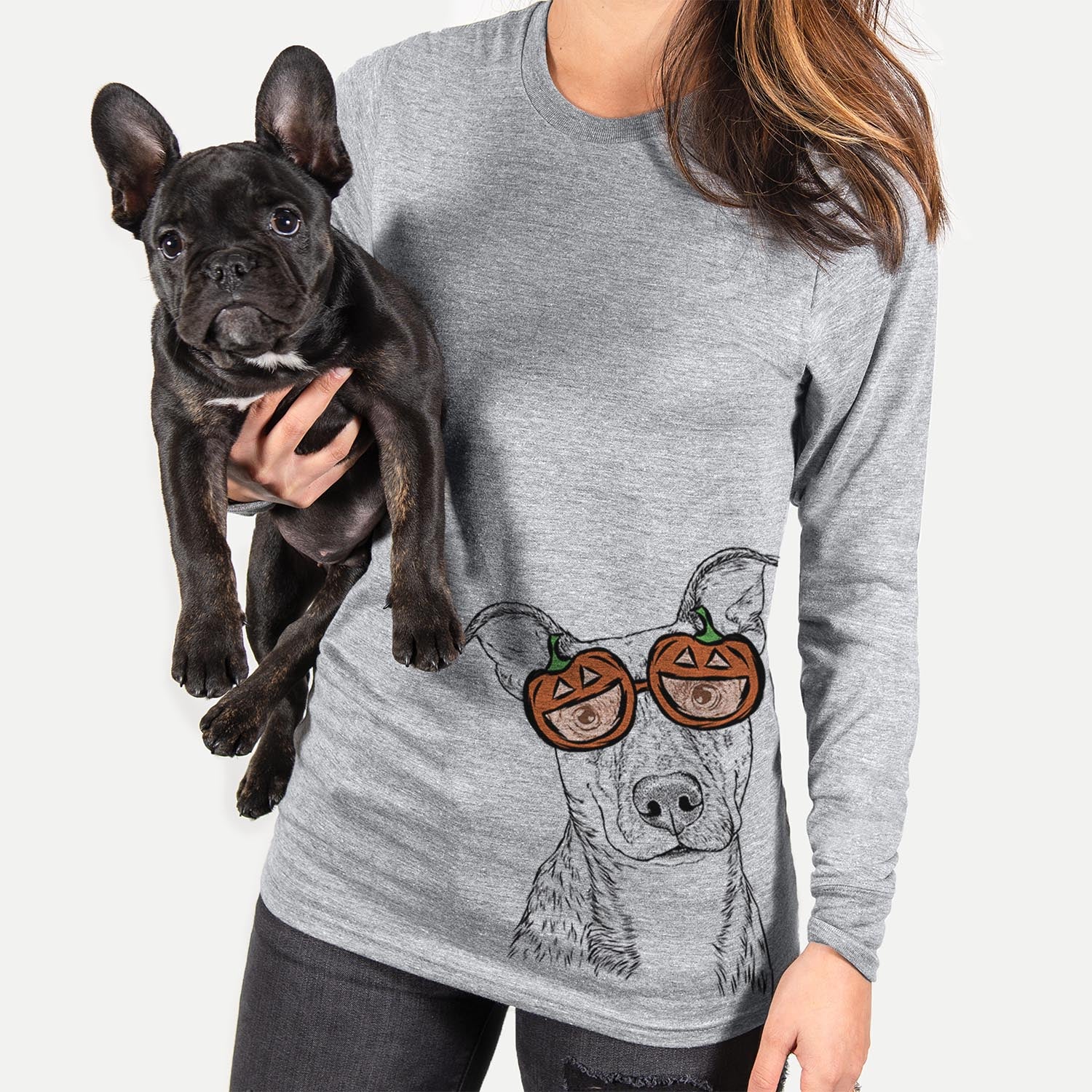 Hand-drawn sketch of Bianca the Mixed Breed wearing pumpkin glasses on a Grey pumpkin collection