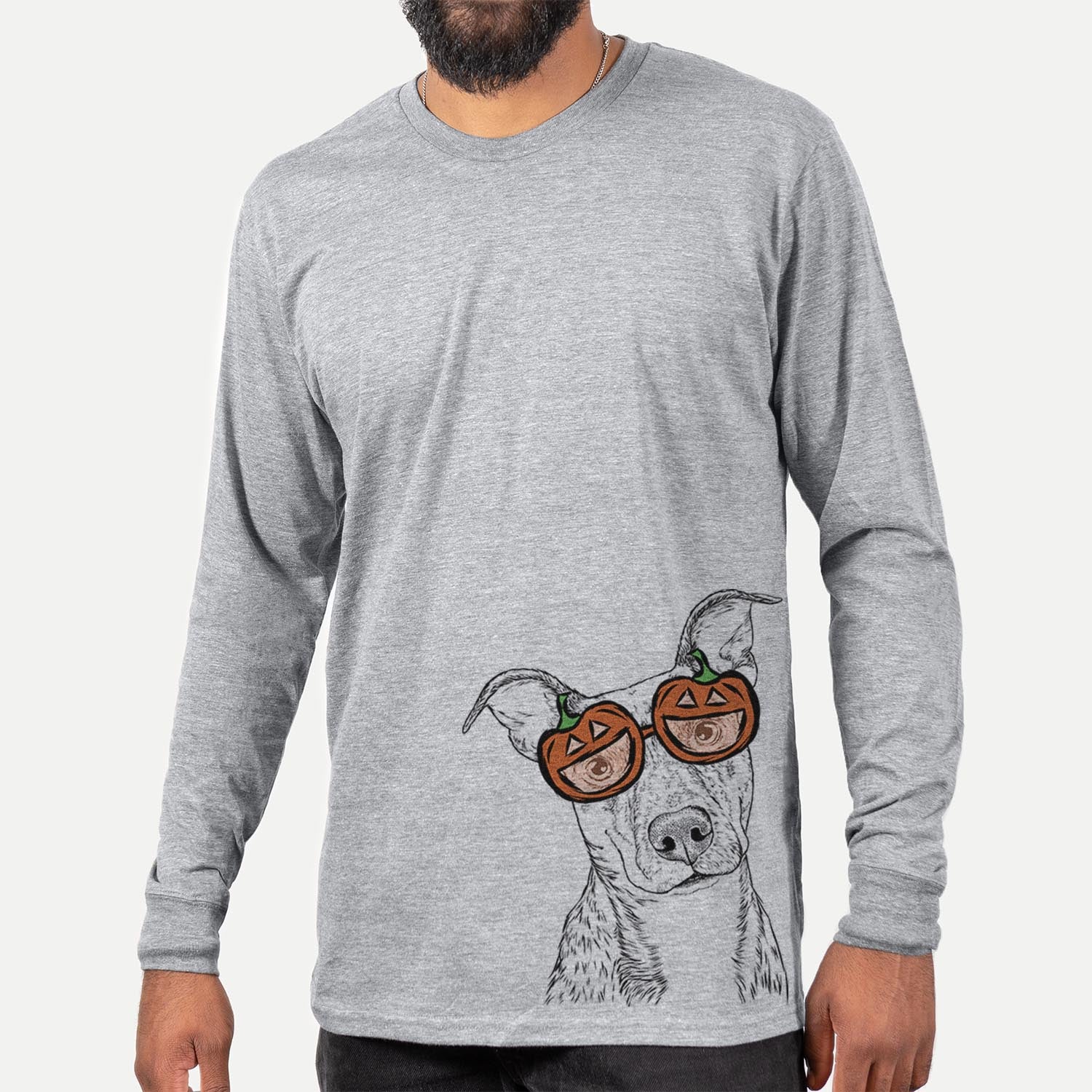 Hand-drawn sketch of Bianca the Mixed Breed wearing pumpkin glasses on a Grey pumpkin collection, hanging on a wall