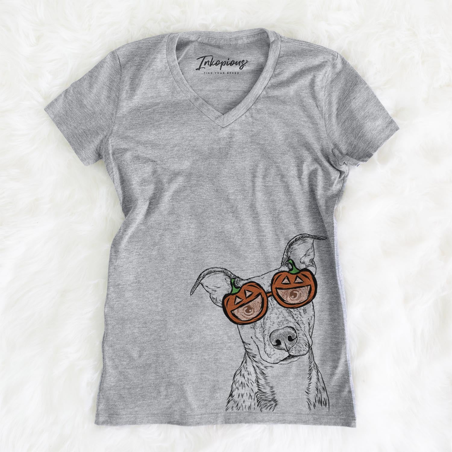 Hand-drawn sketch of Bianca the Mixed Breed wearing pumpkin glasses on a Grey pumpkin collection, on a hanger