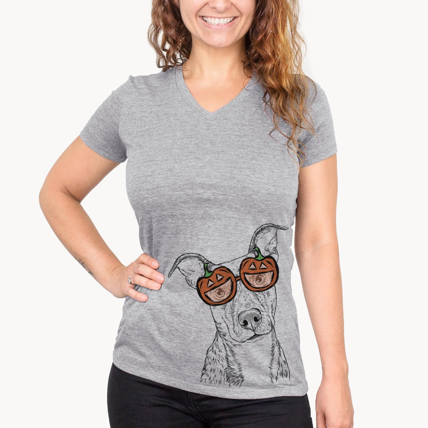 Hand-drawn sketch of Bianca the Mixed Breed wearing pumpkin glasses on a Grey pumpkin collection