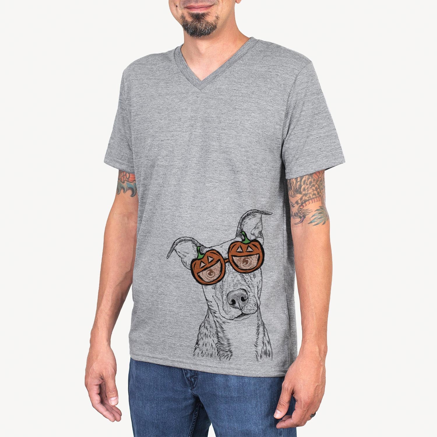 Hand-drawn sketch of Bianca the Mixed Breed wearing pumpkin glasses on a Grey pumpkin collection
