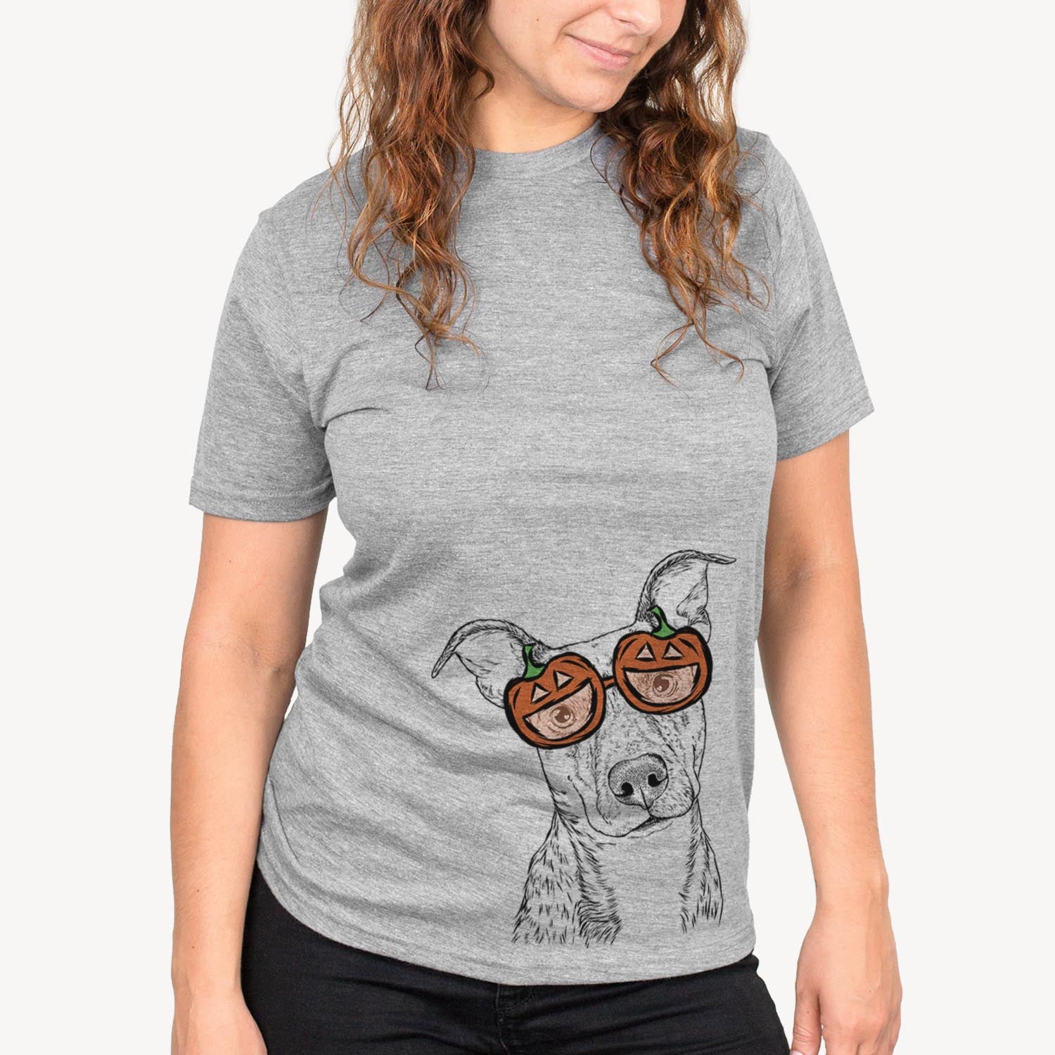 Hand-drawn sketch of Bianca the Mixed Breed wearing pumpkin glasses on a Grey pumpkin collection, on a hanger