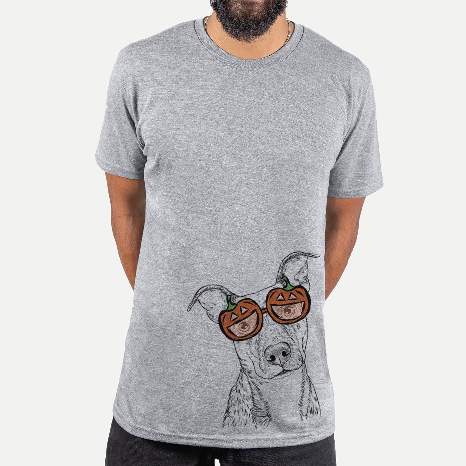 Hand-drawn sketch of Bianca the Mixed Breed wearing pumpkin glasses on a Grey pumpkin collection, hanging on a wall