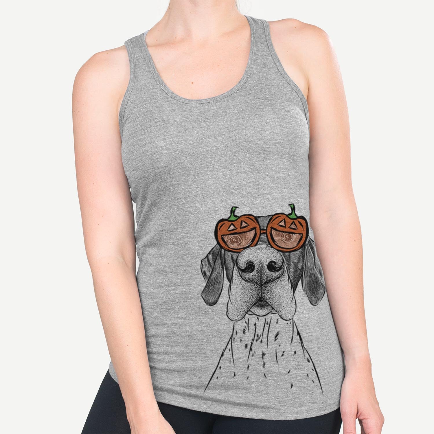 Hand-drawn sketch of Booze the German Shorthaired Pointer wearing pumpkin glasses on a Grey pumpkin collection