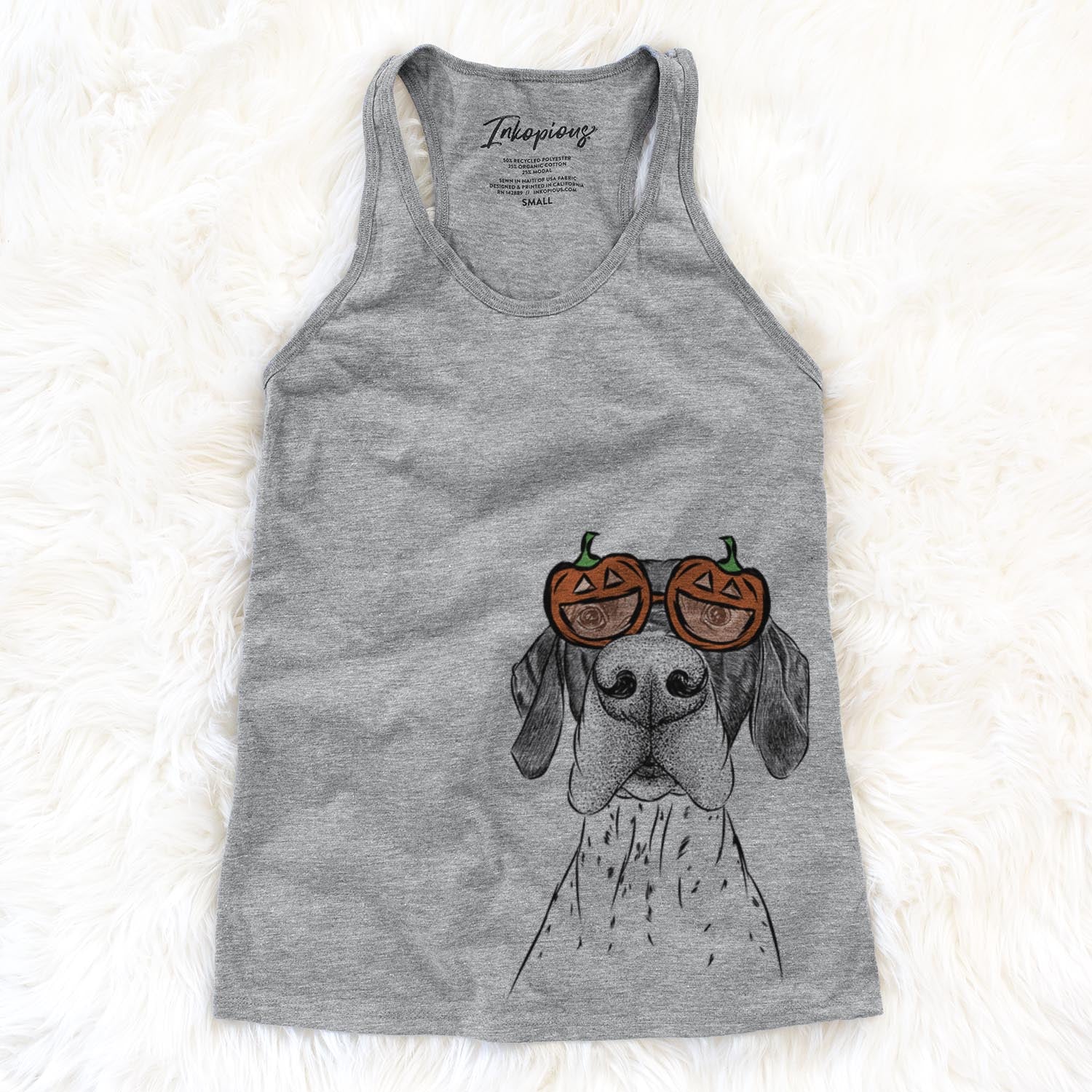 Hand-drawn sketch of Booze the German Shorthaired Pointer wearing pumpkin glasses on a Grey pumpkin collection