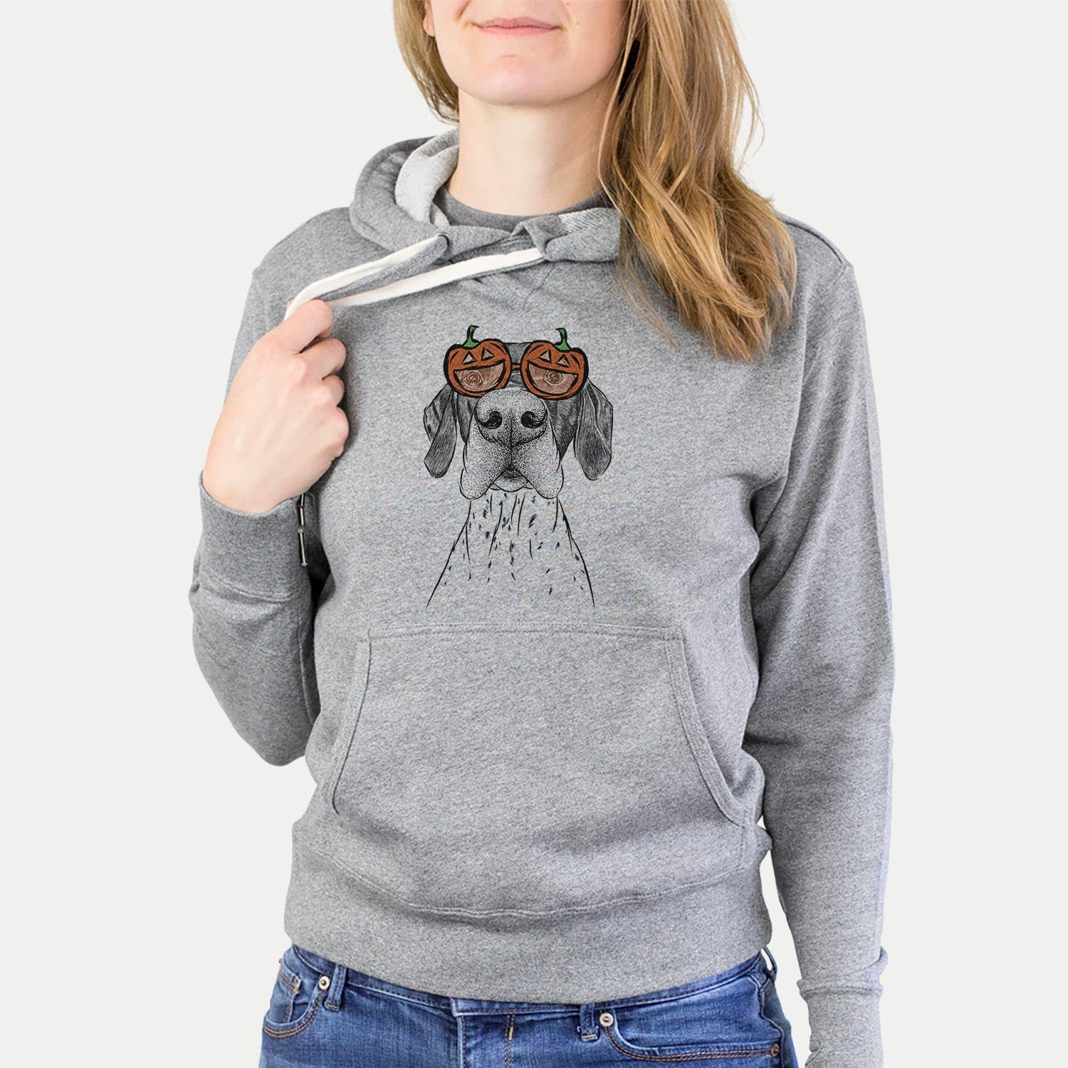 Hand-drawn sketch of Booze the German Shorthaired Pointer wearing pumpkin glasses on a Grey pumpkin collection, hanging on a wall