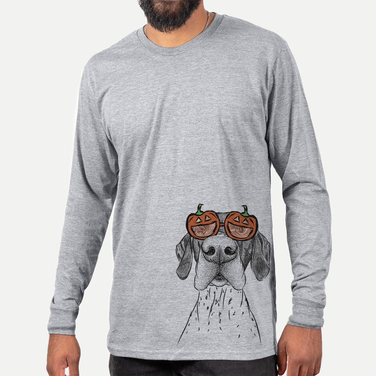 Hand-drawn sketch of Booze the German Shorthaired Pointer wearing pumpkin glasses on a Grey pumpkin collection, hanging on a wall