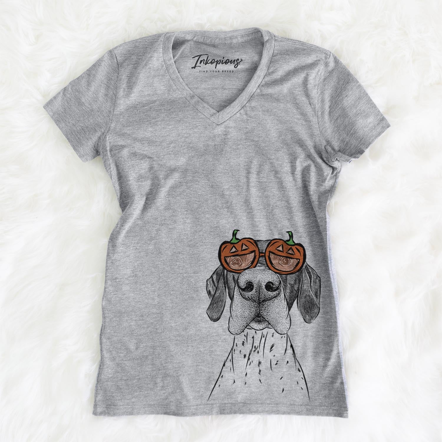 Hand-drawn sketch of Booze the German Shorthaired Pointer wearing pumpkin glasses on a Grey pumpkin collection, on a hanger