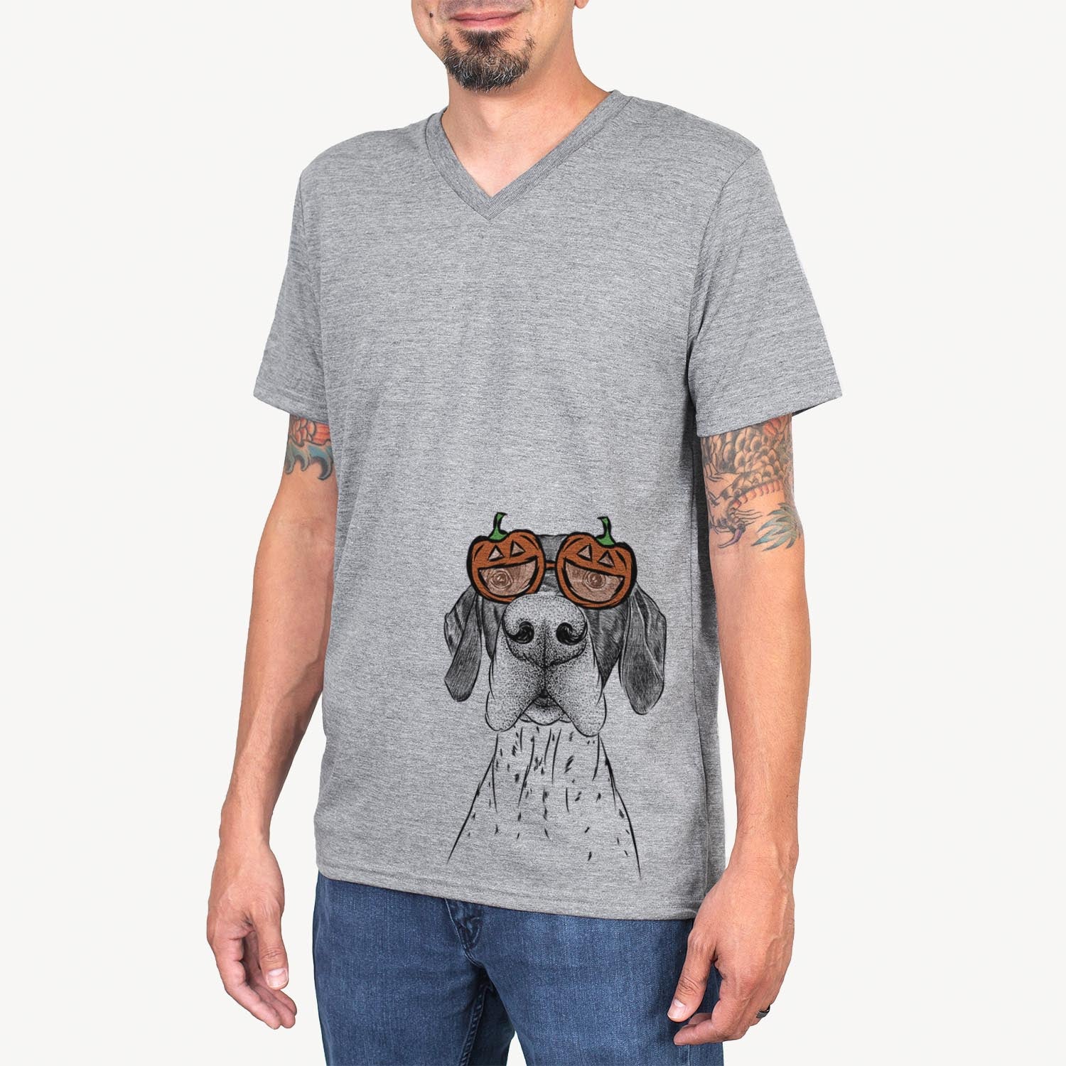 Hand-drawn sketch of Booze the German Shorthaired Pointer wearing pumpkin glasses on a Grey pumpkin collection