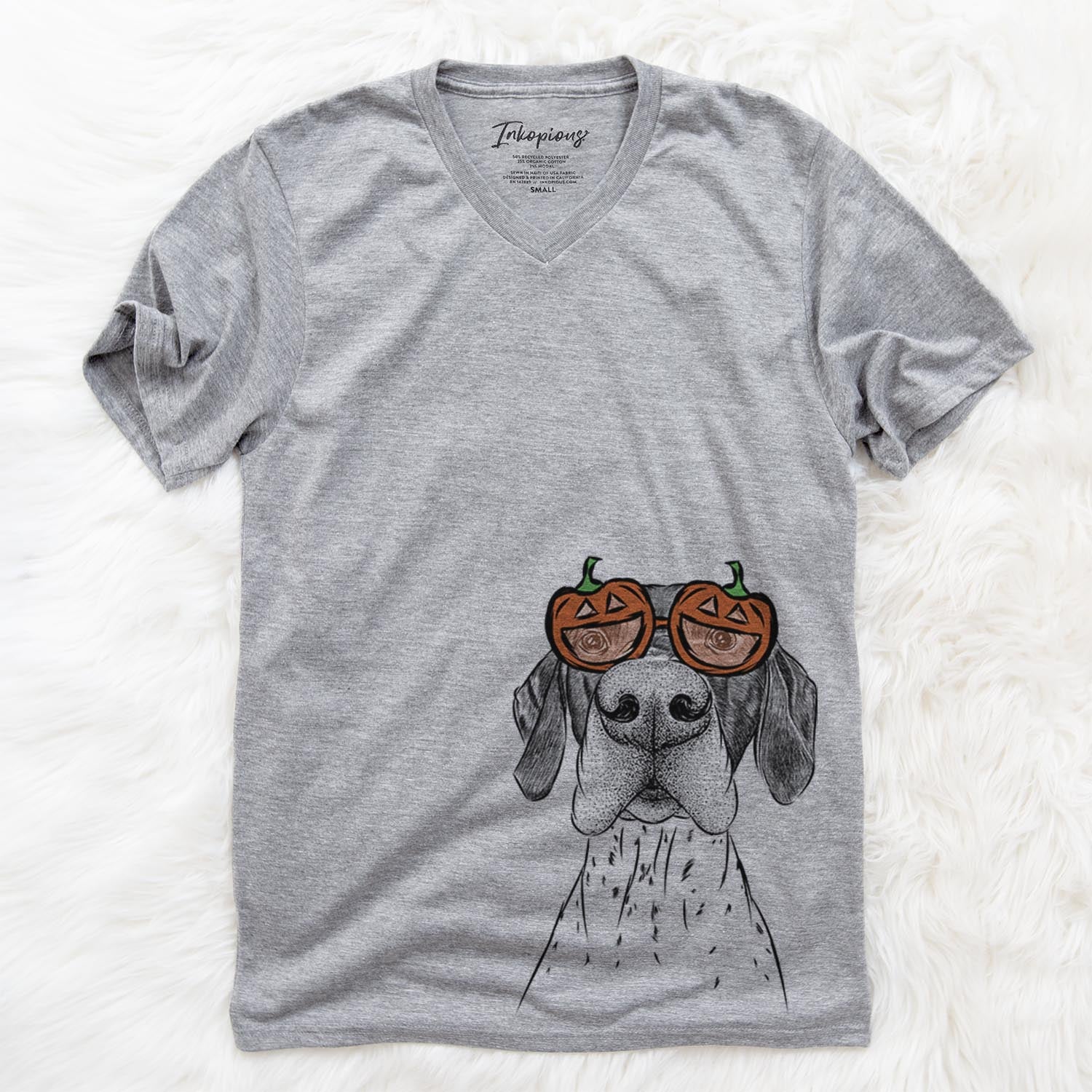 Hand-drawn sketch of Booze the German Shorthaired Pointer wearing pumpkin glasses on a Grey pumpkin collection