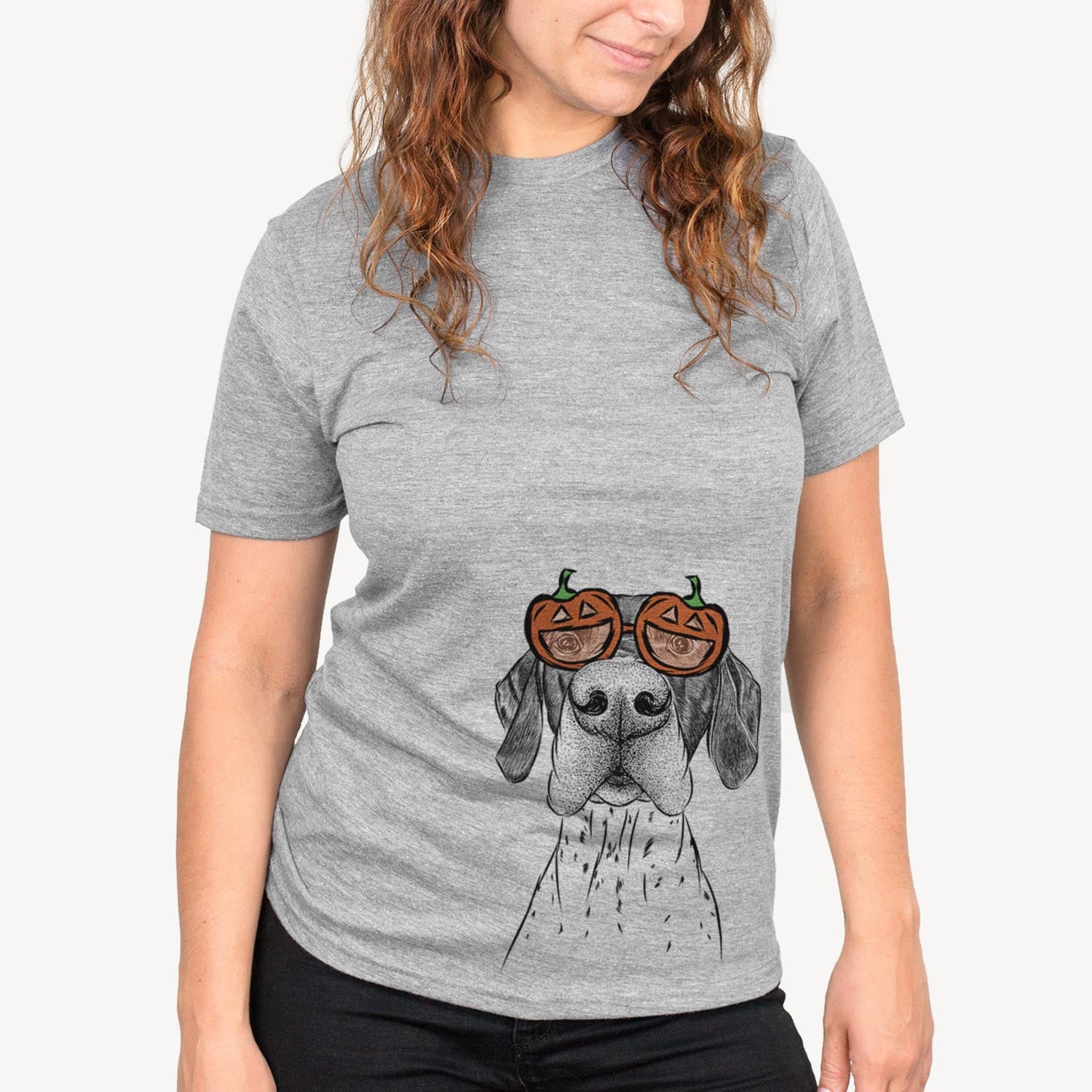 Hand-drawn sketch of Booze the German Shorthaired Pointer wearing pumpkin glasses on a Grey pumpkin collection, on a hanger
