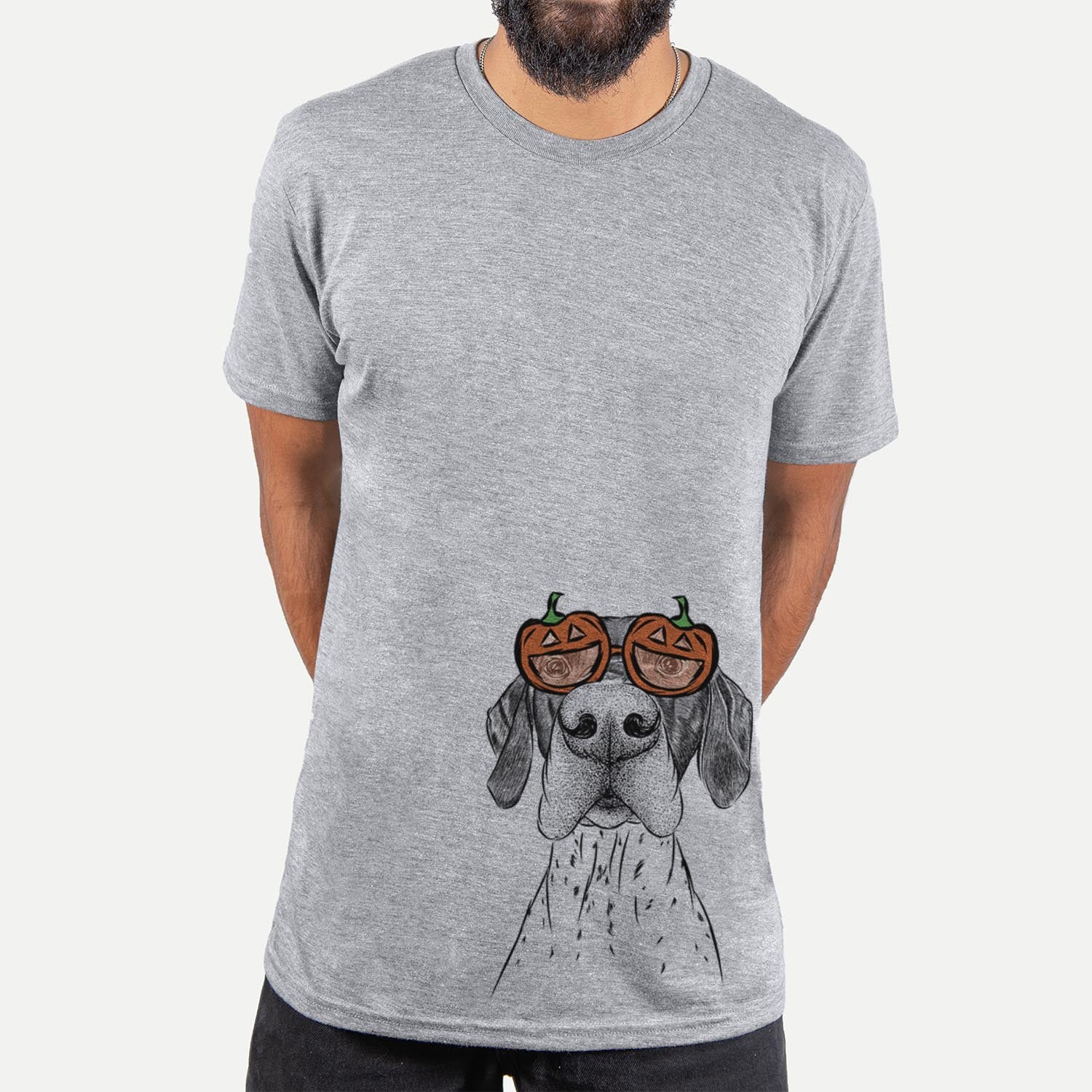 Hand-drawn sketch of Booze the German Shorthaired Pointer wearing pumpkin glasses on a Grey pumpkin collection, hanging on a wall