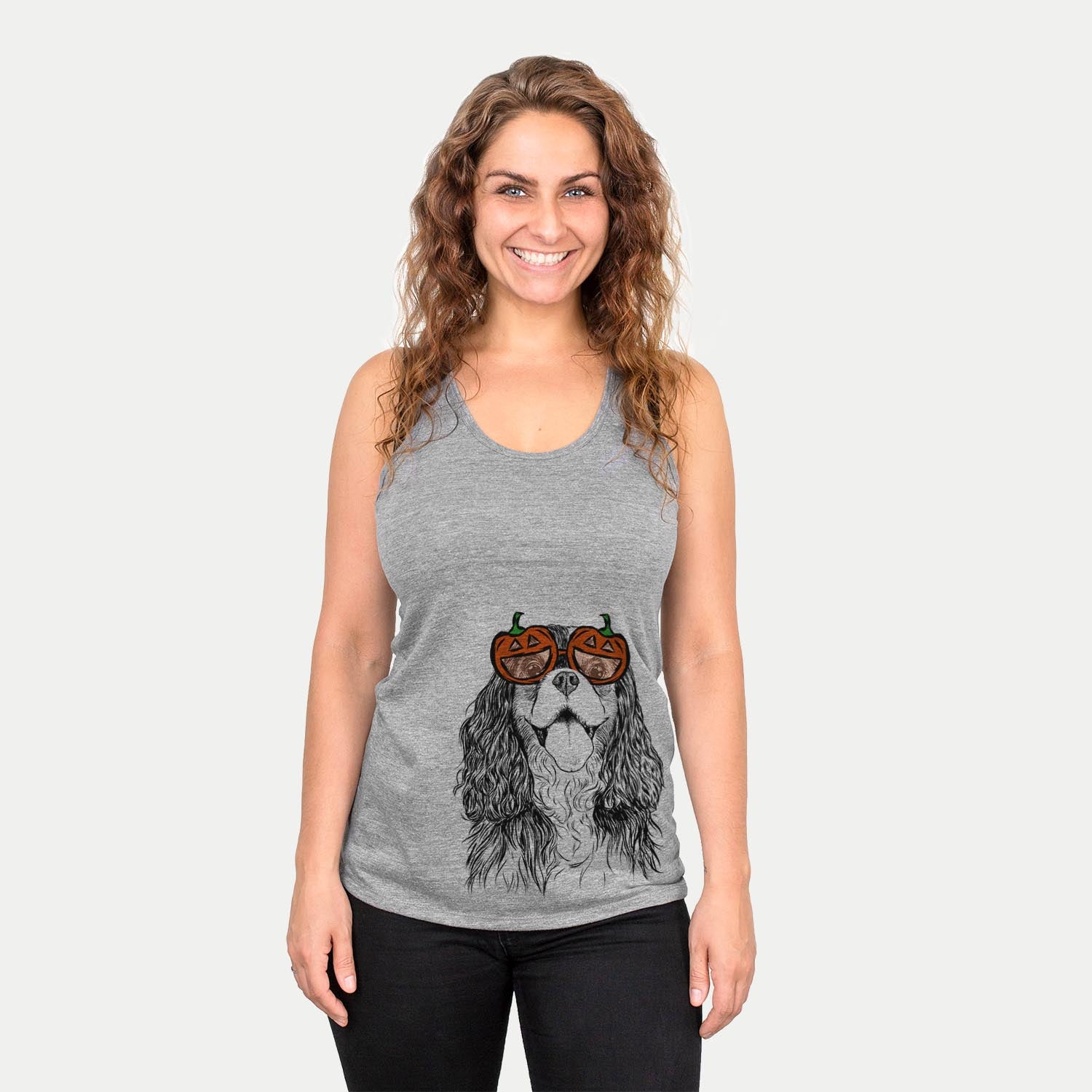 Hand-drawn sketch of Brandy the Cavalier King Charles Spaniel wearing pumpkin glasses on a Grey pumpkin collection