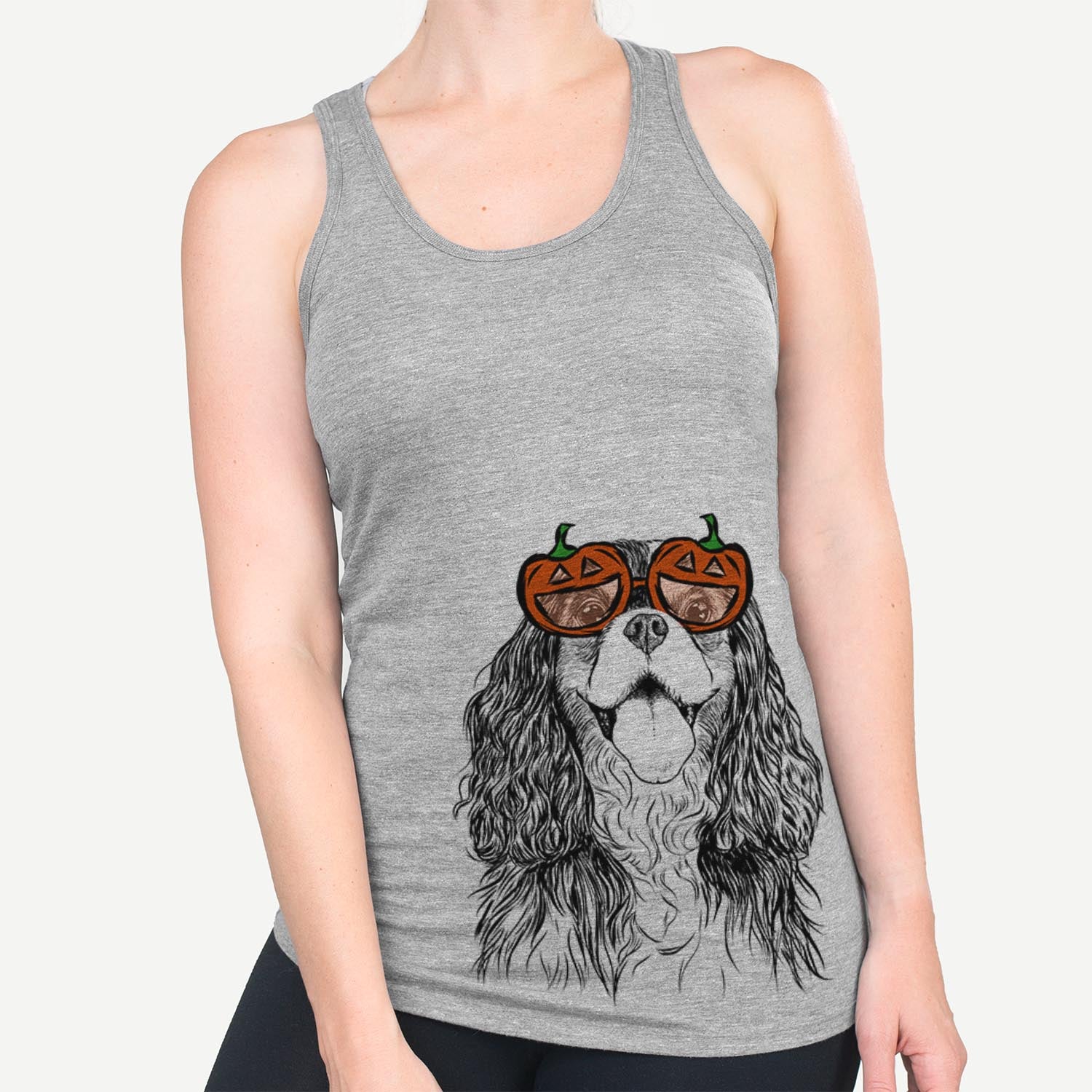 Hand-drawn sketch of Brandy the Cavalier King Charles Spaniel wearing pumpkin glasses on a Grey pumpkin collection