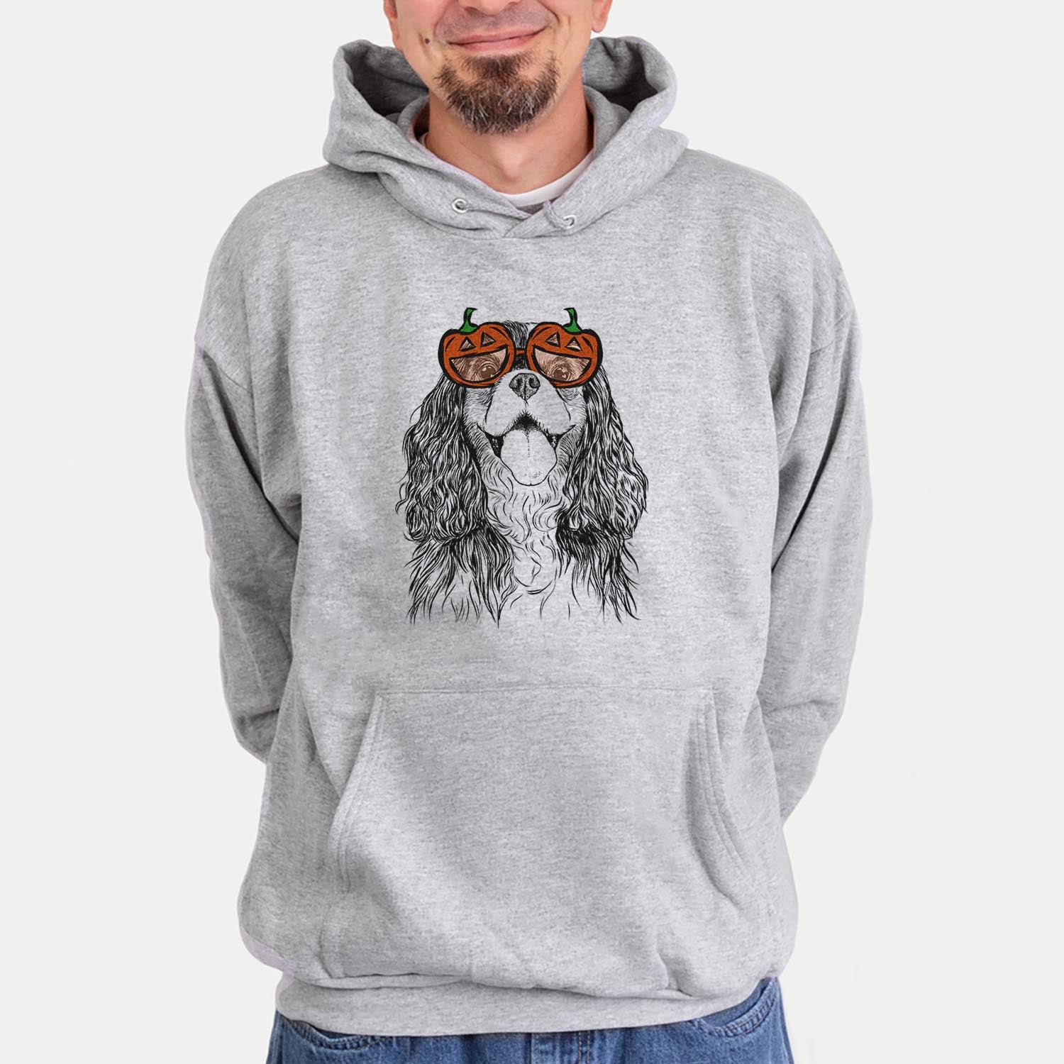 Hand-drawn sketch of Brandy the Cavalier King Charles Spaniel wearing pumpkin glasses on a Grey pumpkin collection, hanging on a wall