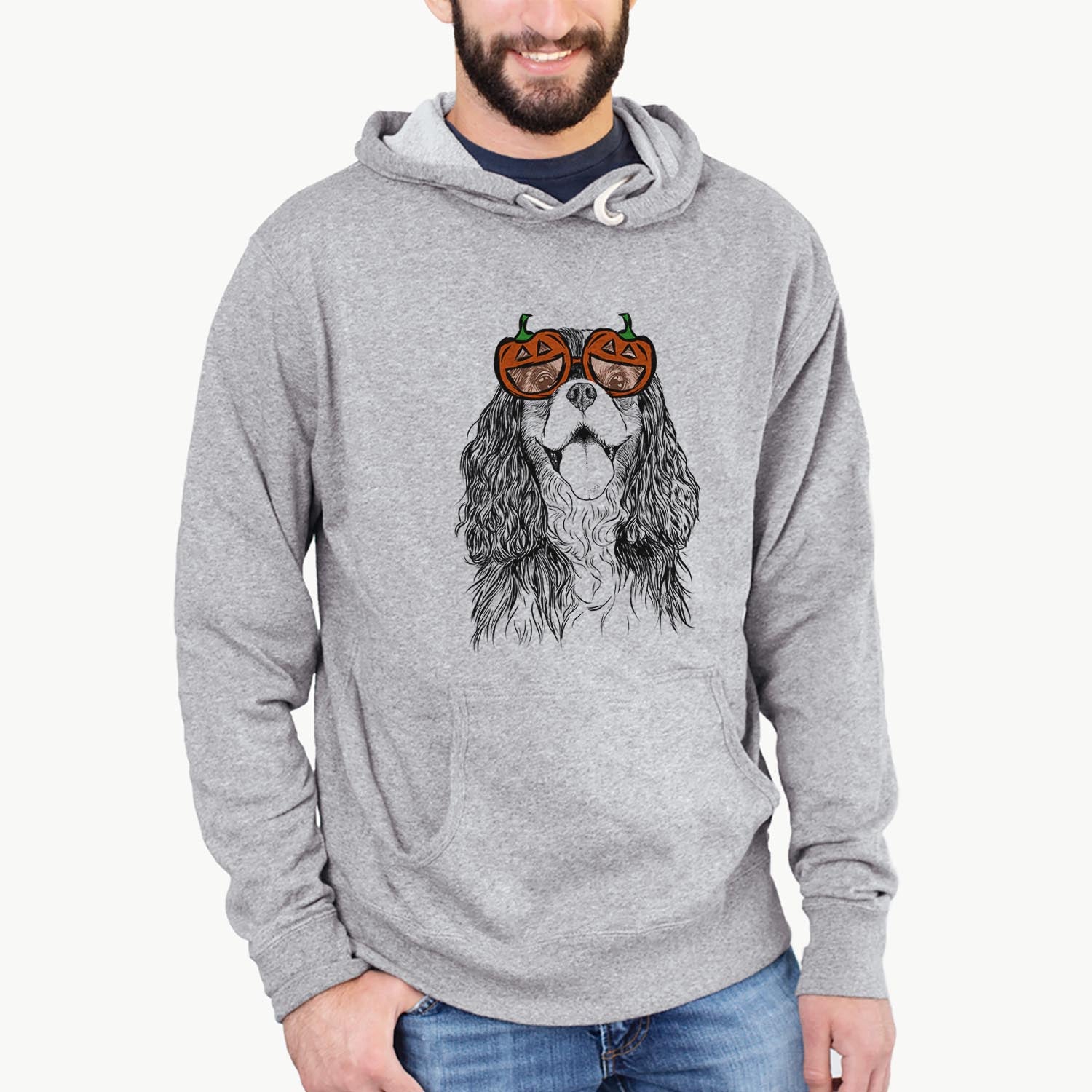 Hand-drawn sketch of Brandy the Cavalier King Charles Spaniel wearing pumpkin glasses on a Grey pumpkin collection
