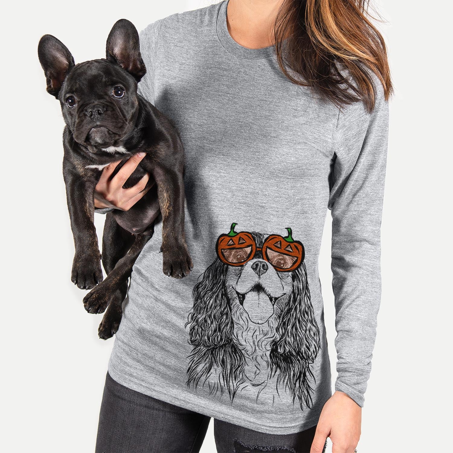 Hand-drawn sketch of Brandy the Cavalier King Charles Spaniel wearing pumpkin glasses on a Grey pumpkin collection