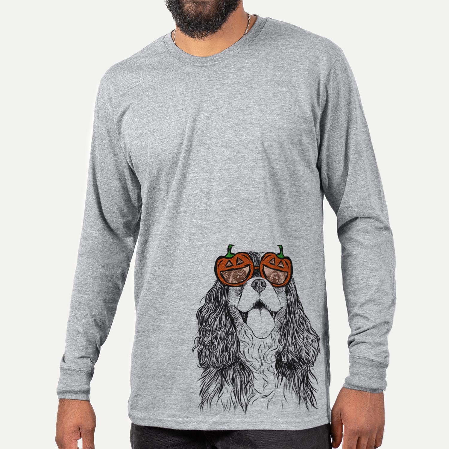 Hand-drawn sketch of Brandy the Cavalier King Charles Spaniel wearing pumpkin glasses on a Grey pumpkin collection, hanging on a wall