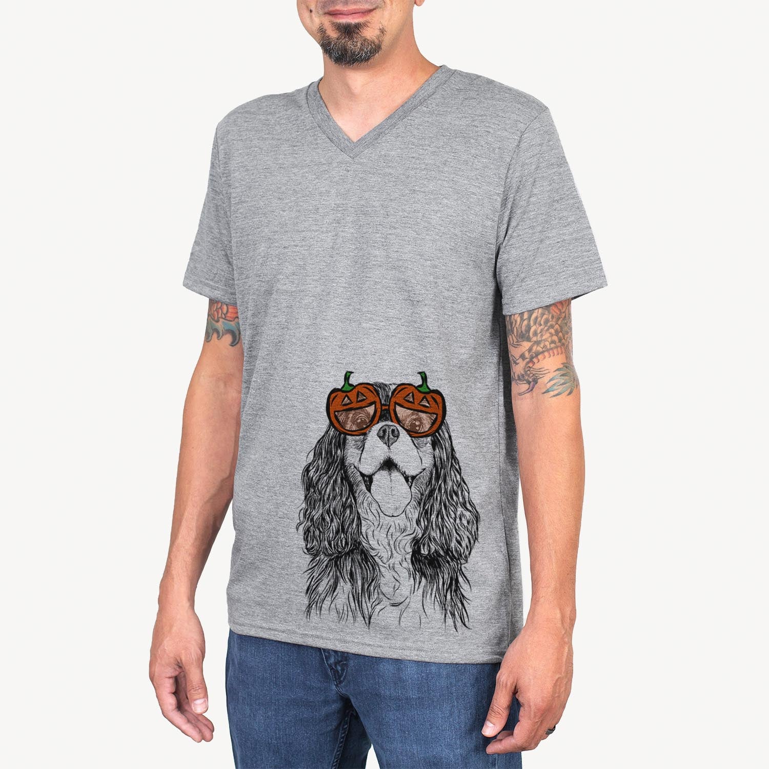 Hand-drawn sketch of Brandy the Cavalier King Charles Spaniel wearing pumpkin glasses on a Grey pumpkin collection