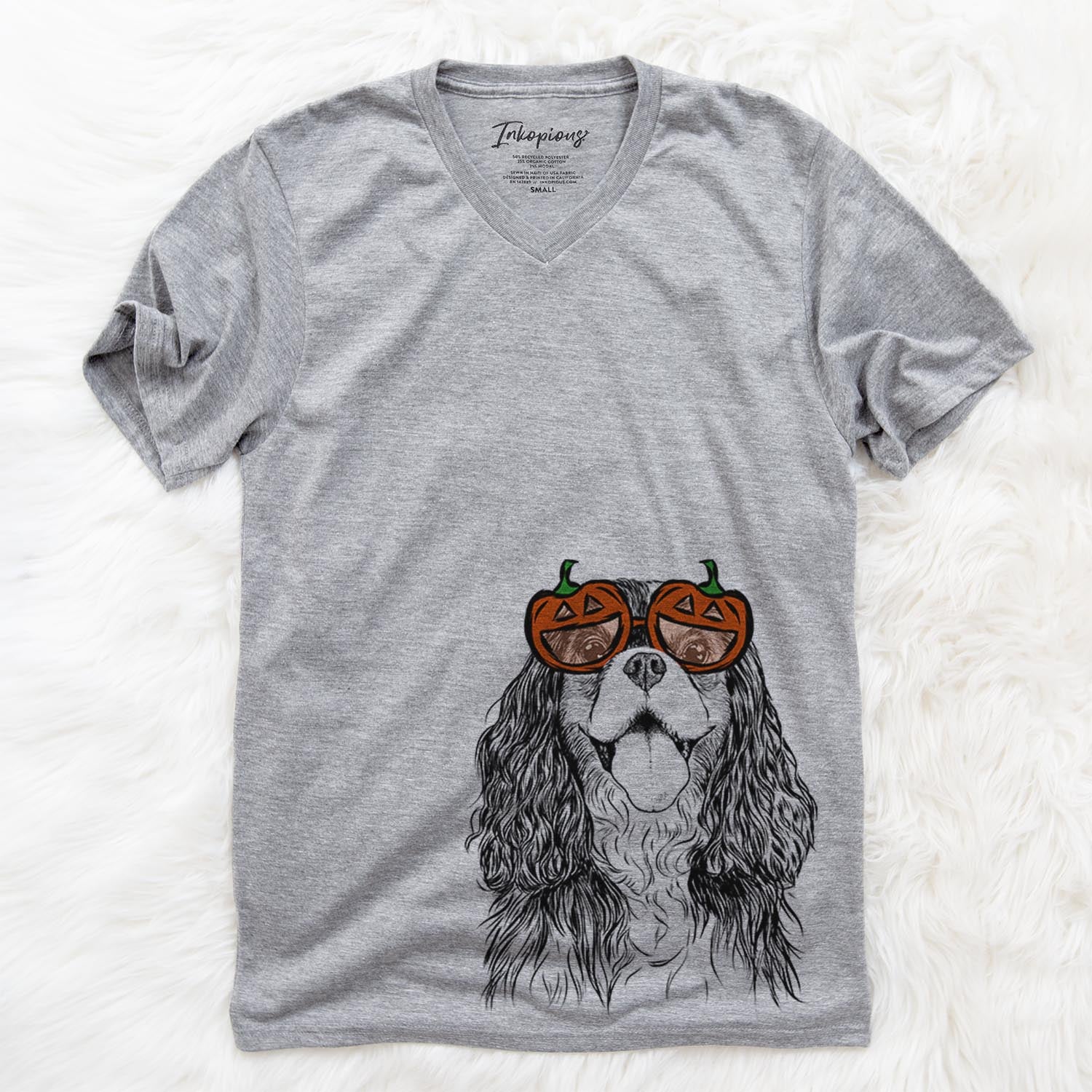 Hand-drawn sketch of Brandy the Cavalier King Charles Spaniel wearing pumpkin glasses on a Grey pumpkin collection