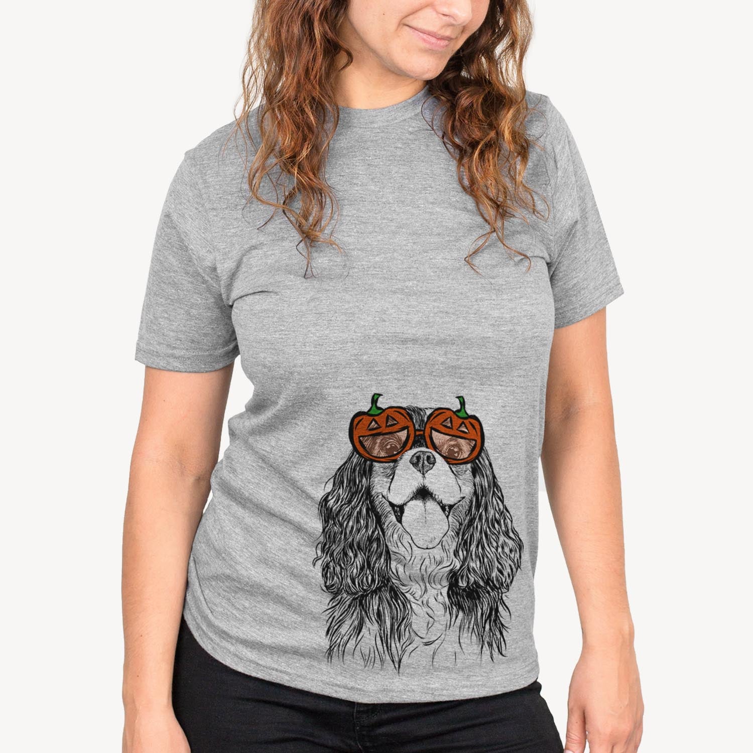 Hand-drawn sketch of Brandy the Cavalier King Charles Spaniel wearing pumpkin glasses on a Grey pumpkin collection, on a hanger