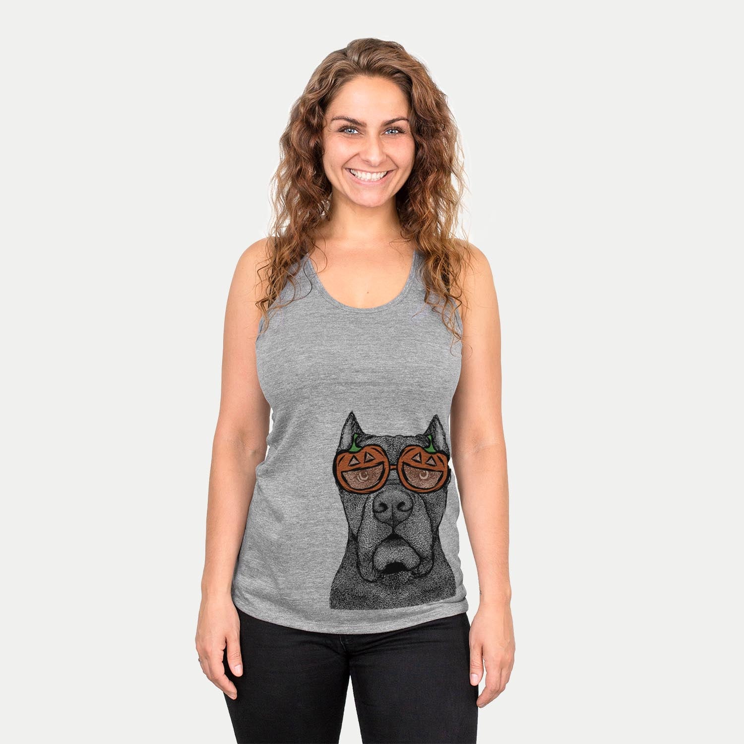 Hand-drawn sketch of Bruno the Cane Corso wearing pumpkin glasses on a Grey pumpkin collection