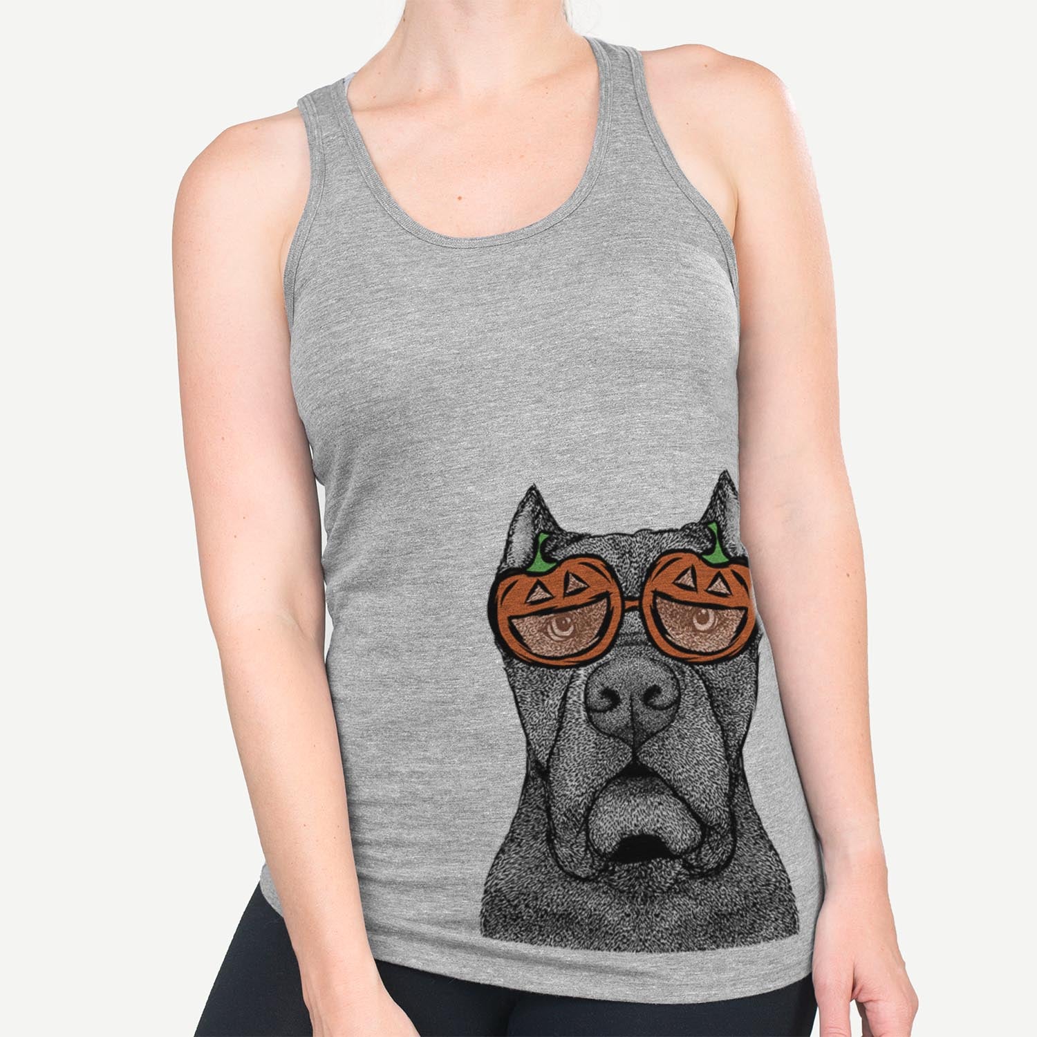 Hand-drawn sketch of Bruno the Cane Corso wearing pumpkin glasses on a Grey pumpkin collection