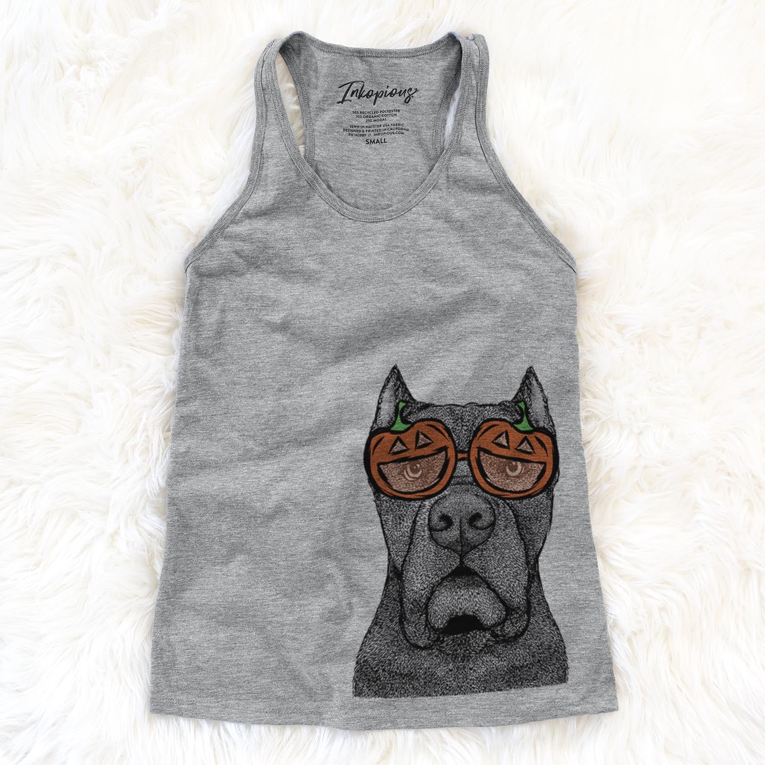 Hand-drawn sketch of Bruno the Cane Corso wearing pumpkin glasses on a Grey pumpkin collection