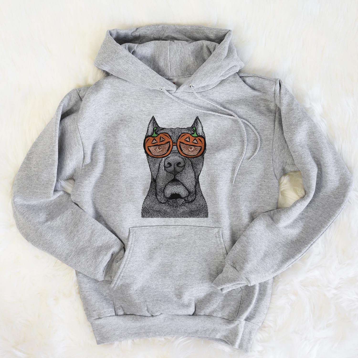 Hand-drawn sketch of Bruno the Cane Corso wearing pumpkin glasses on a Grey pumpkin collection, flat lay