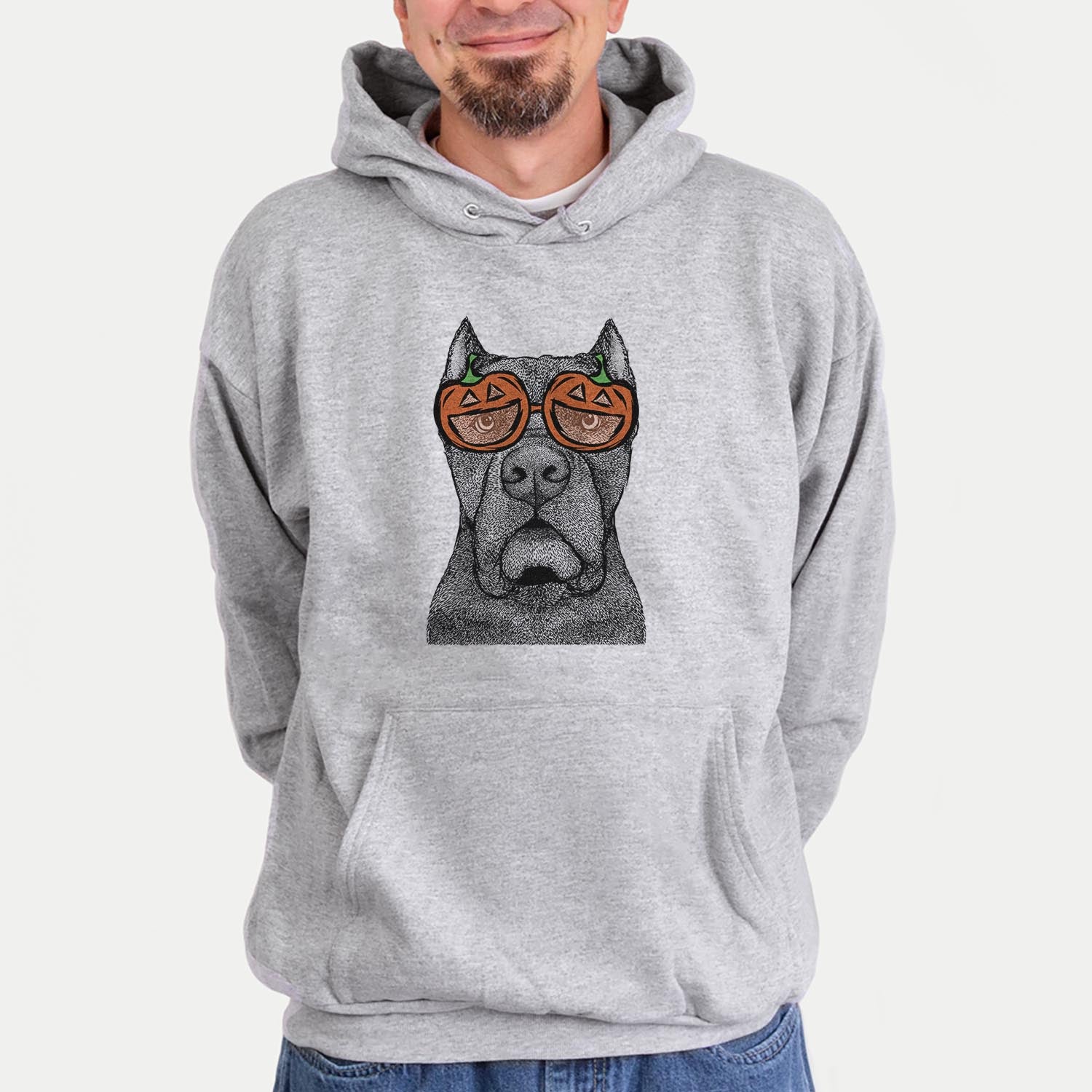 Hand-drawn sketch of Bruno the Cane Corso wearing pumpkin glasses on a Grey pumpkin collection, hanging on a wall