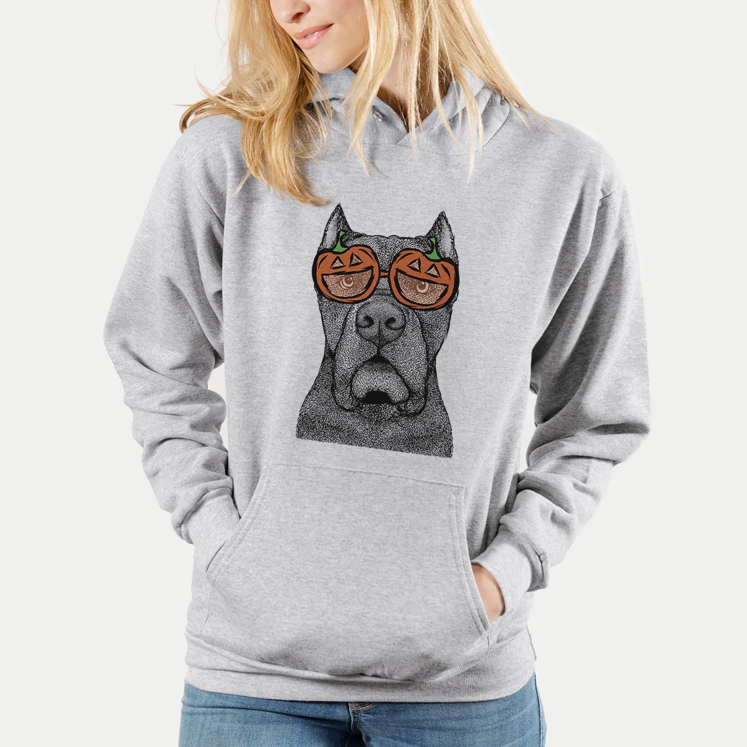Hand-drawn sketch of Bruno the Cane Corso wearing pumpkin glasses on a Grey pumpkin collection
