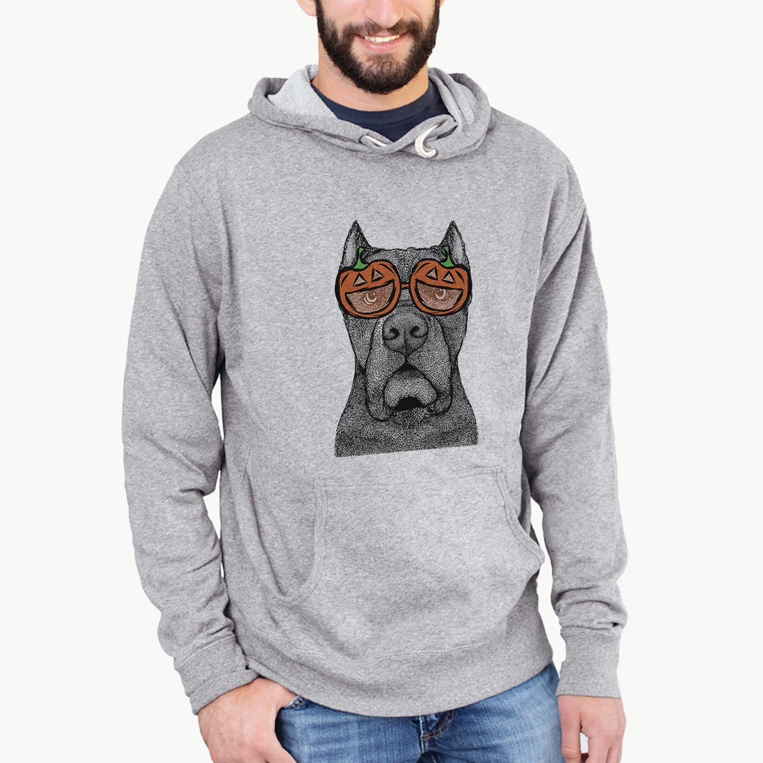 Hand-drawn sketch of Bruno the Cane Corso wearing pumpkin glasses on a Grey pumpkin collection