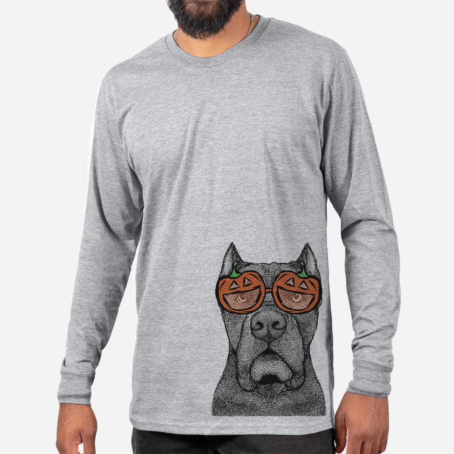 Hand-drawn sketch of Bruno the Cane Corso wearing pumpkin glasses on a Grey pumpkin collection, hanging on a wall